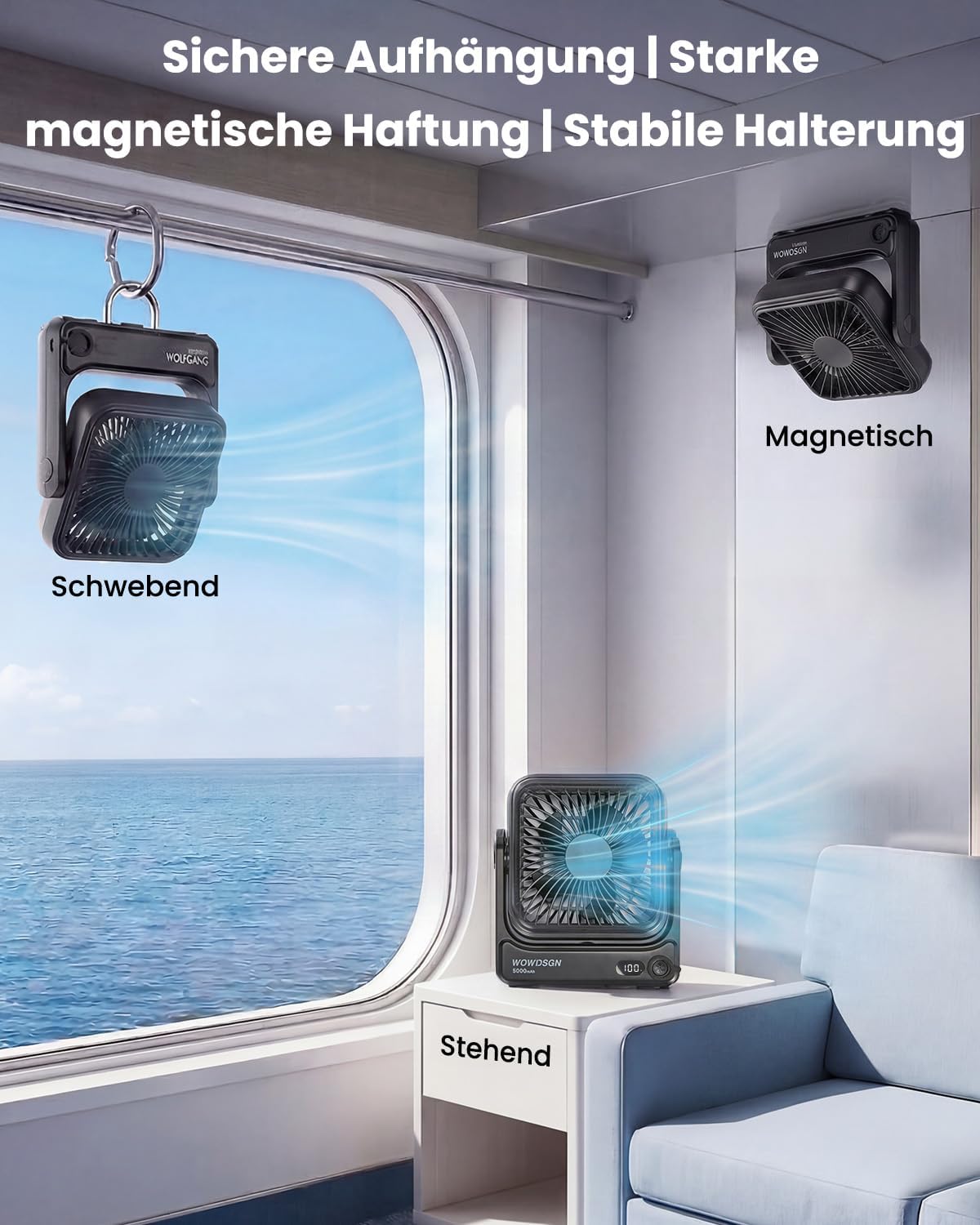 Detalle de WOWDSGN Tischventilator USB mit Starker Magnetbefestigung, 5000 mAh Akku, LED-Display und 4 Stufen – kompakt, flexibel und ideal für Camping, Wohnmobil und Büro