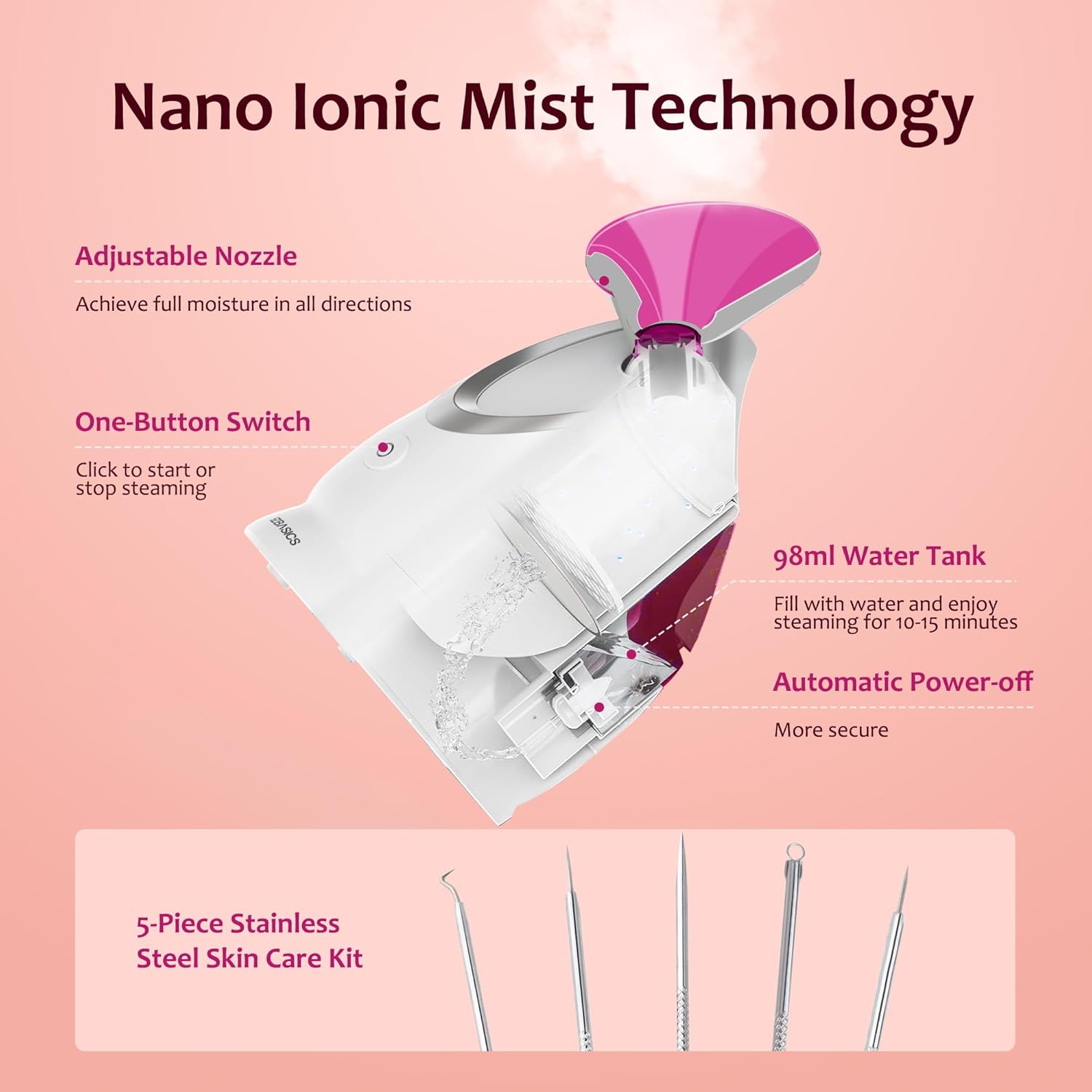 Detalle 2 de EZBASICS Gesichtsdampfer Nano Ionic 5 Skin Kit Rosa