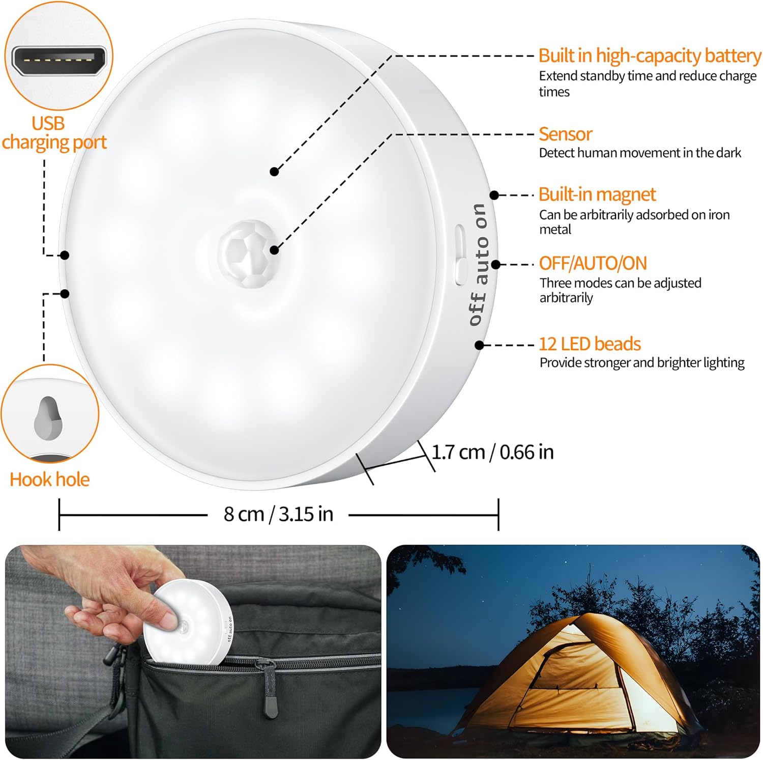 Thumbnail 5 de daphomeu 2er-Set Nachtlicht mit Bewegungsmelder (USB wiederaufladbar, kaltweiß) für innen