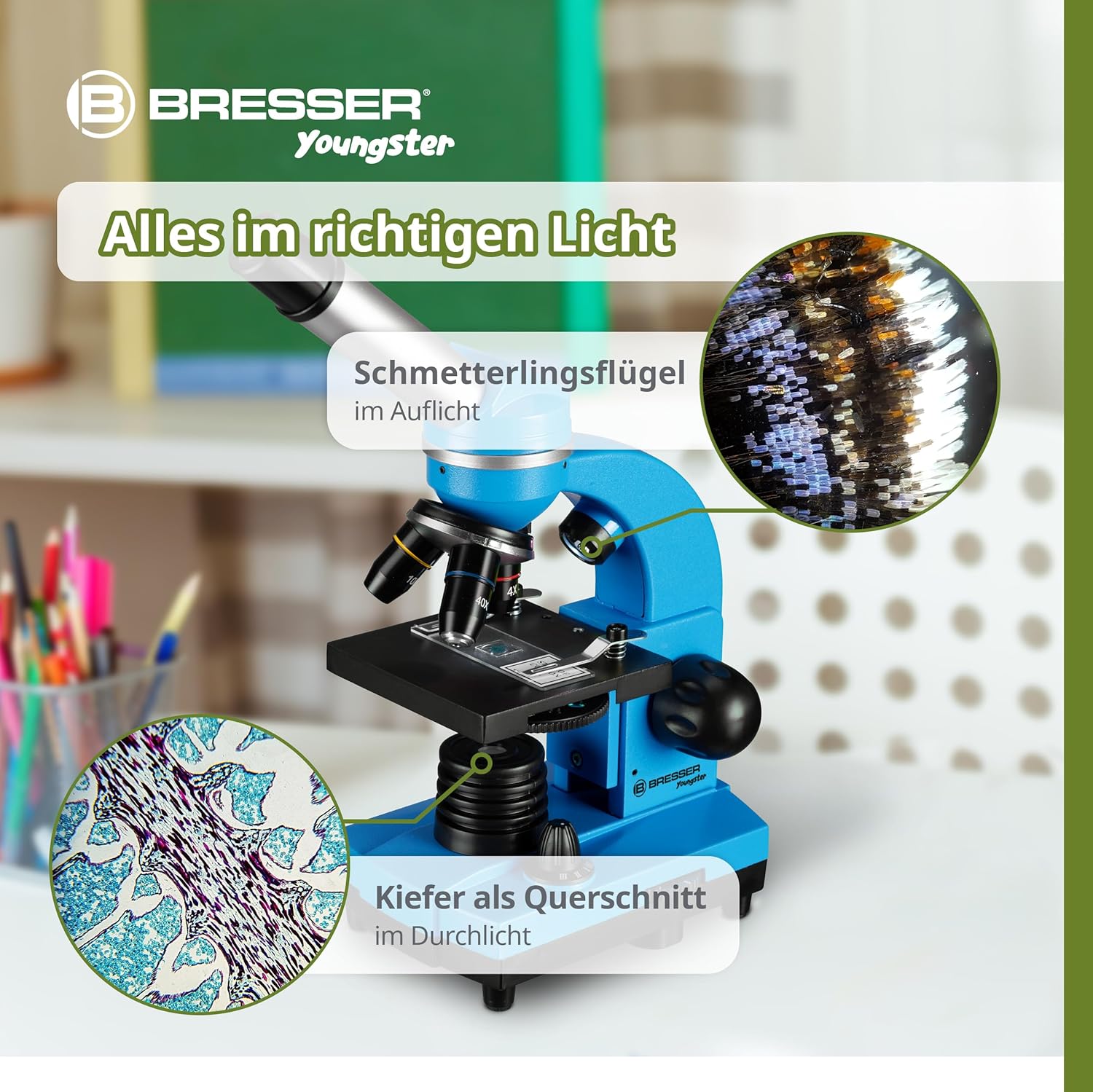 Detalle de Bresser Junior BIOLUX: Schülermikroskop mit Smartphonehalter – Einsteiger‑Set mit umfangreichem Zubehör