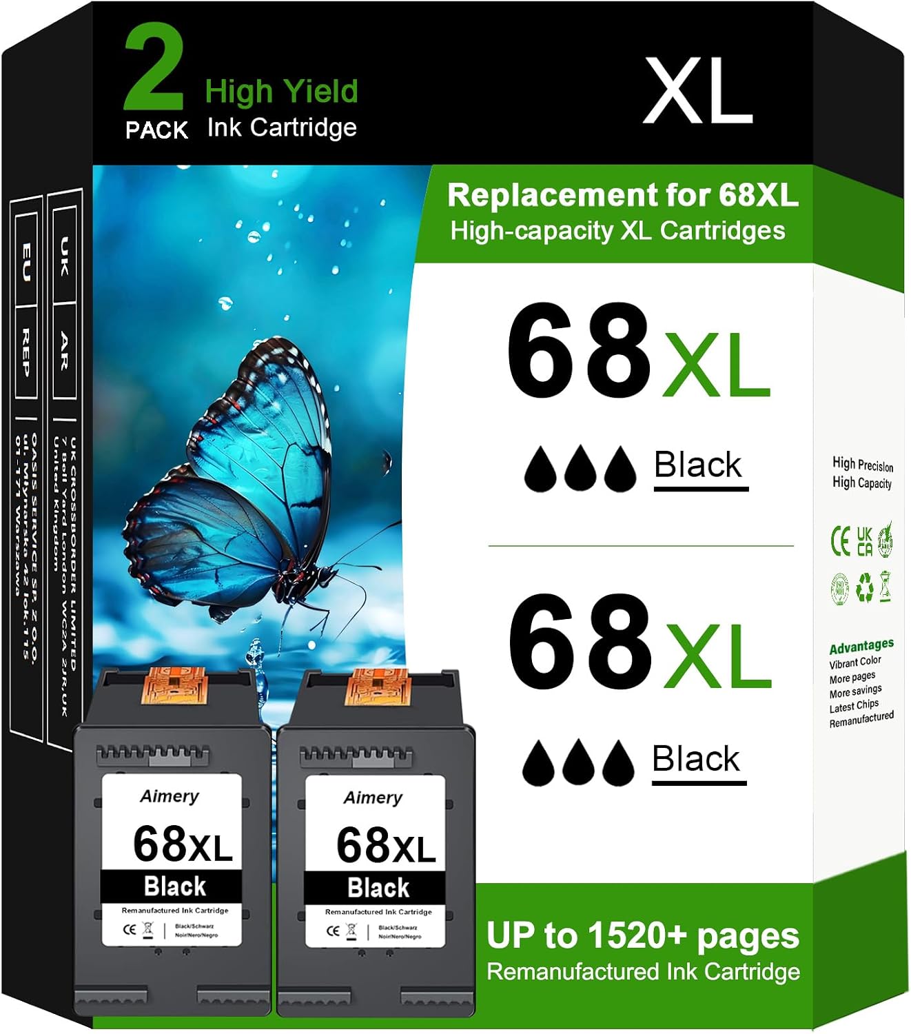 Detalle de Aimery 68XL Remanufactured Black Ink Cartridges, 2-Pack, High Yield