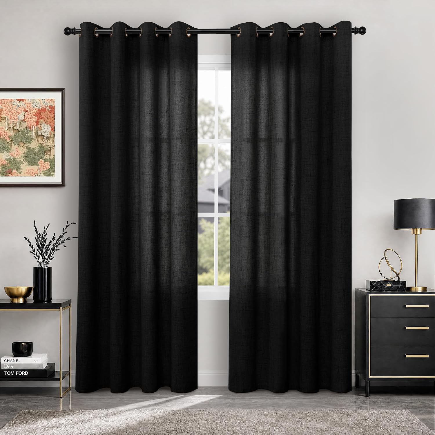 Detalle de YoungsTex Black Linen-Look Curtains, 84-Inch, Light-Filtering, Bronze Grommets