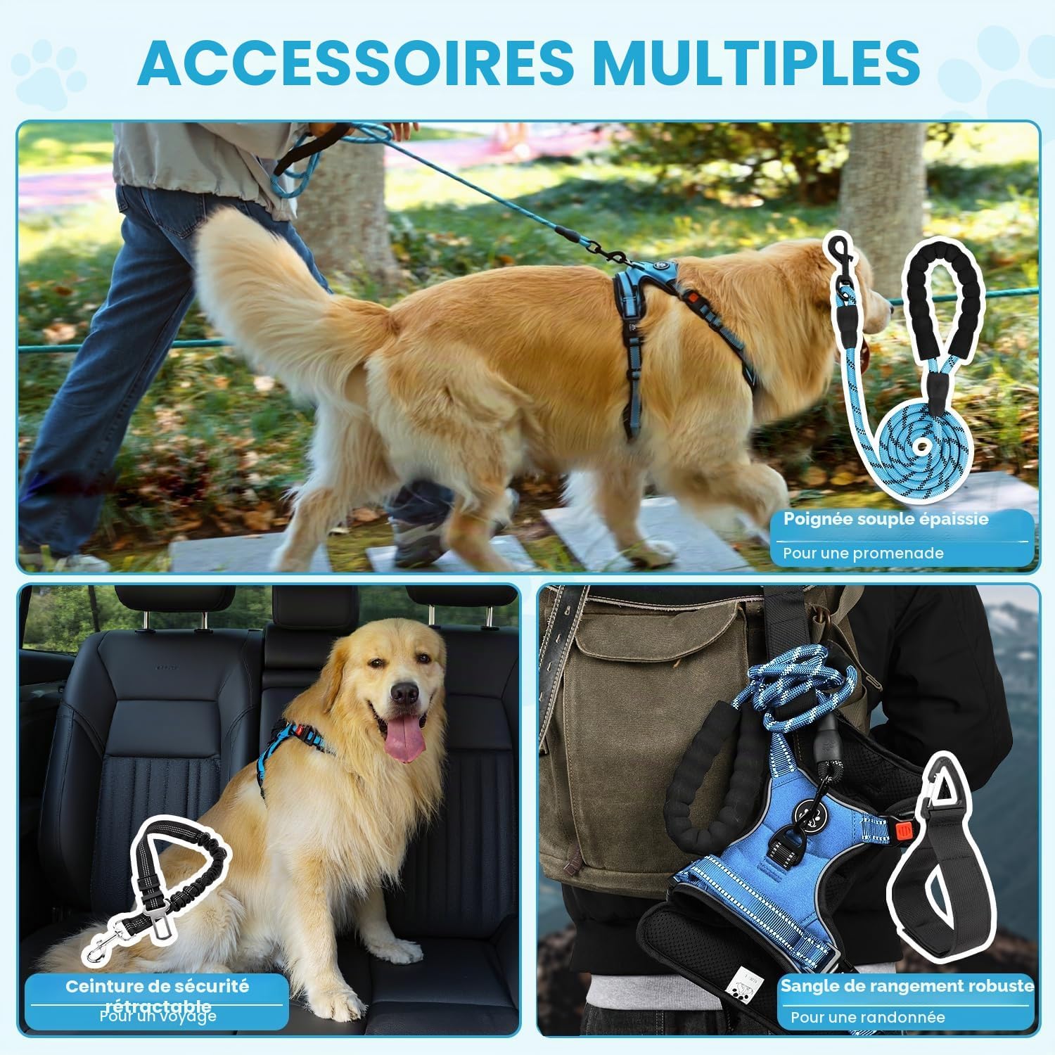 Detalle de Harnais pour Chien anti-tirage en Oxford réfléchissant, taille ajustable, avec poignée rembourrée et 4 sangles – Gilet de harnais