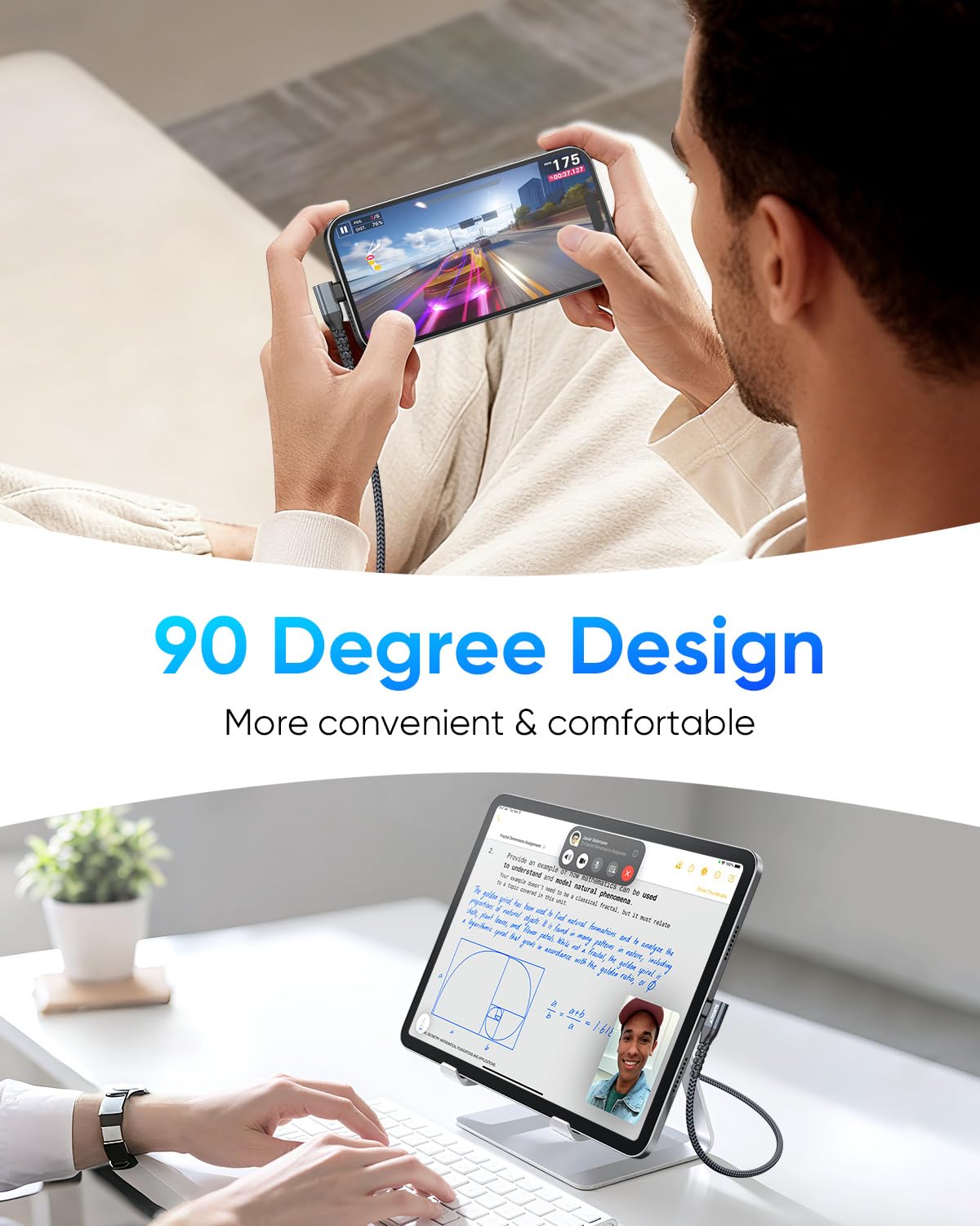 Thumbnail 4 de SUNGUY 90 Grad USB-C Kabel 0,15 m, 2er-Pack – geflochtenes 90° Ladekabel für Phone, Galaxy, Pixel und iPad