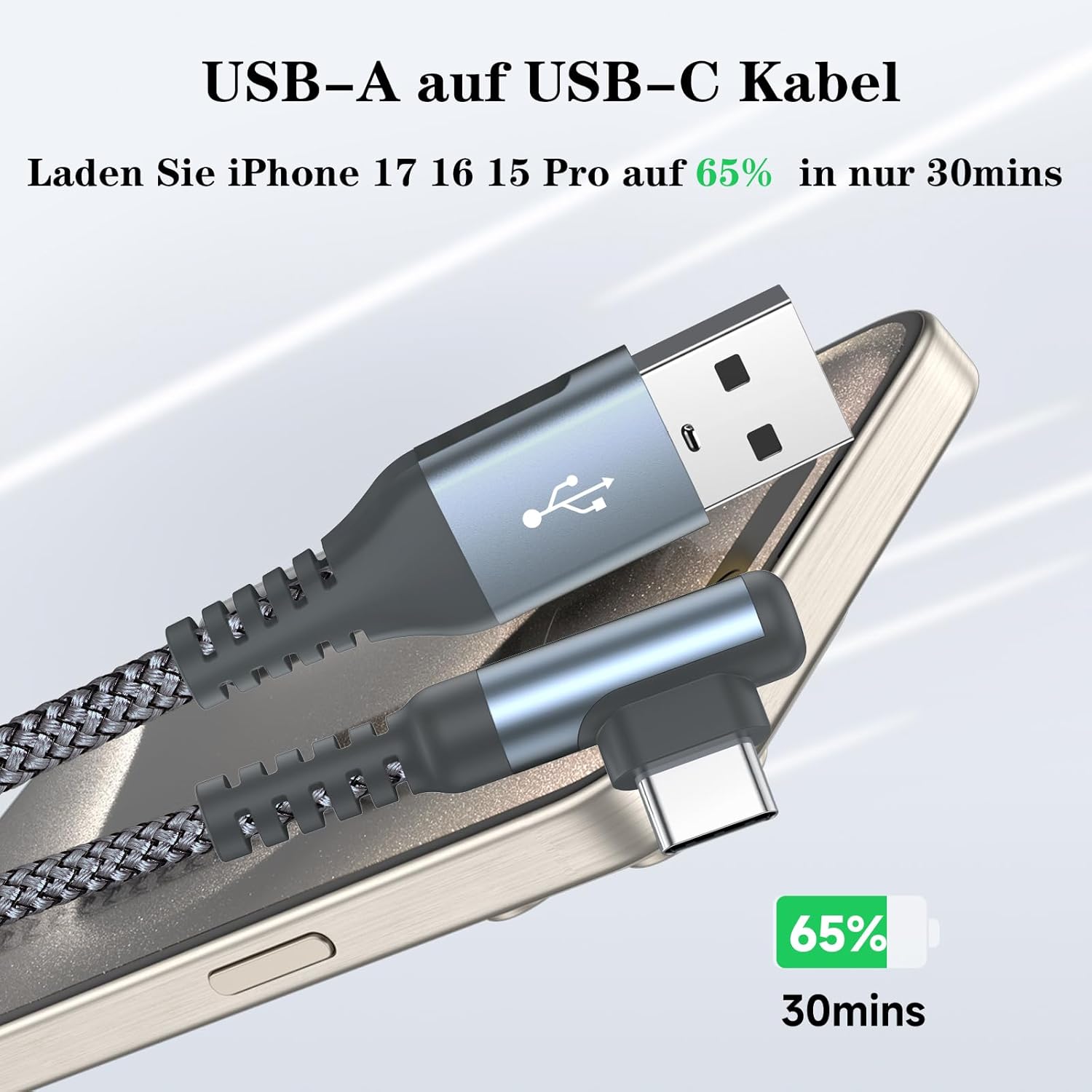 Detalle de Sweguard USB-C Kabel 3.1A Schnellladung – 2er Set, 1 m, Winkel-Design, Nylon-Verkabelung