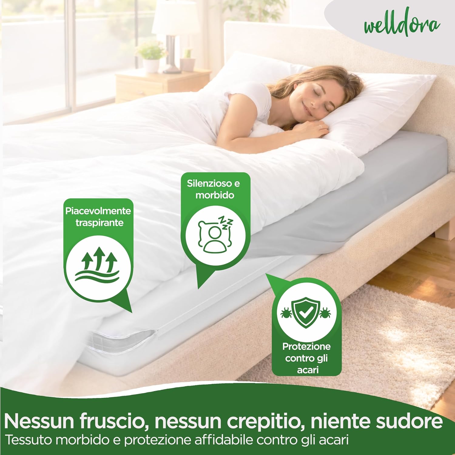 Thumbnail 2 de Welldora Coprimaterasso Antiacaro Premium – Copri Materasso Anallergico con Cerniera 90x200x20 cm