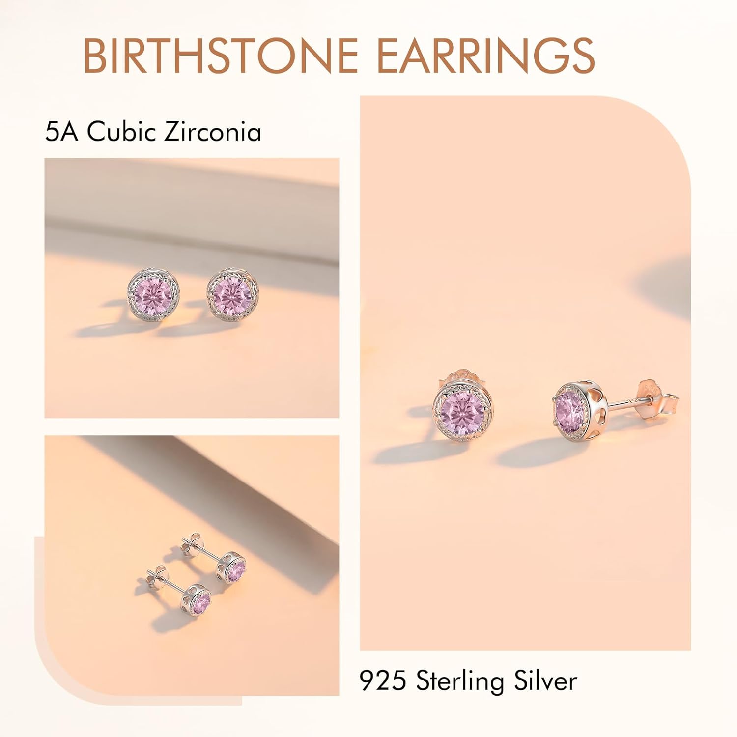 Detalle 2 de Qings Geburtsstein Ohrringe Silber 925 – Kleine Birthstone Ohrstecker mit Zirkonia, Oktober Rosa Turmalin