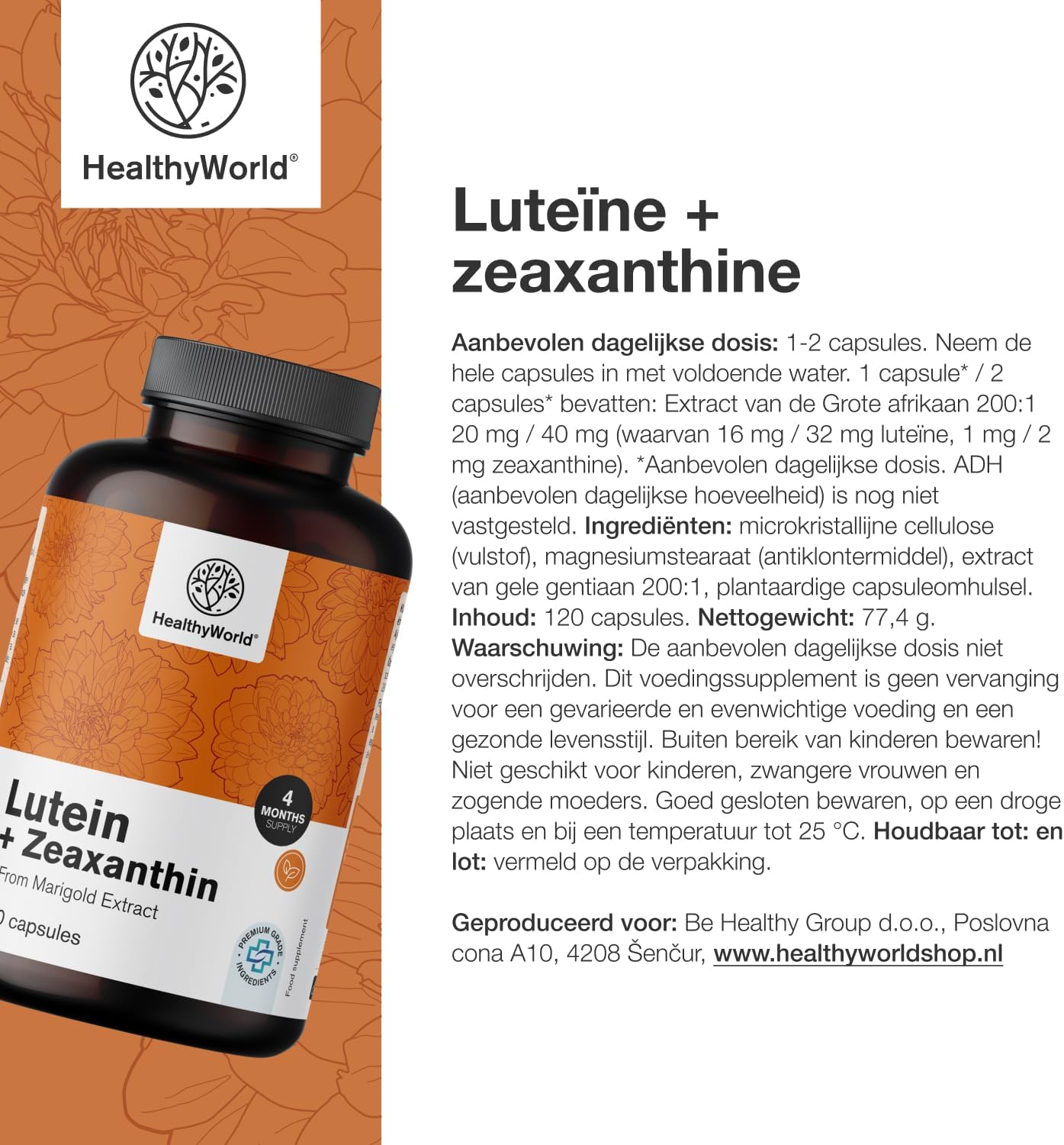 Thumbnail 6 de HealthyWorld Luteïne + Zeaxanthine supplement, 32 mg + 2 mg, 120 capsules