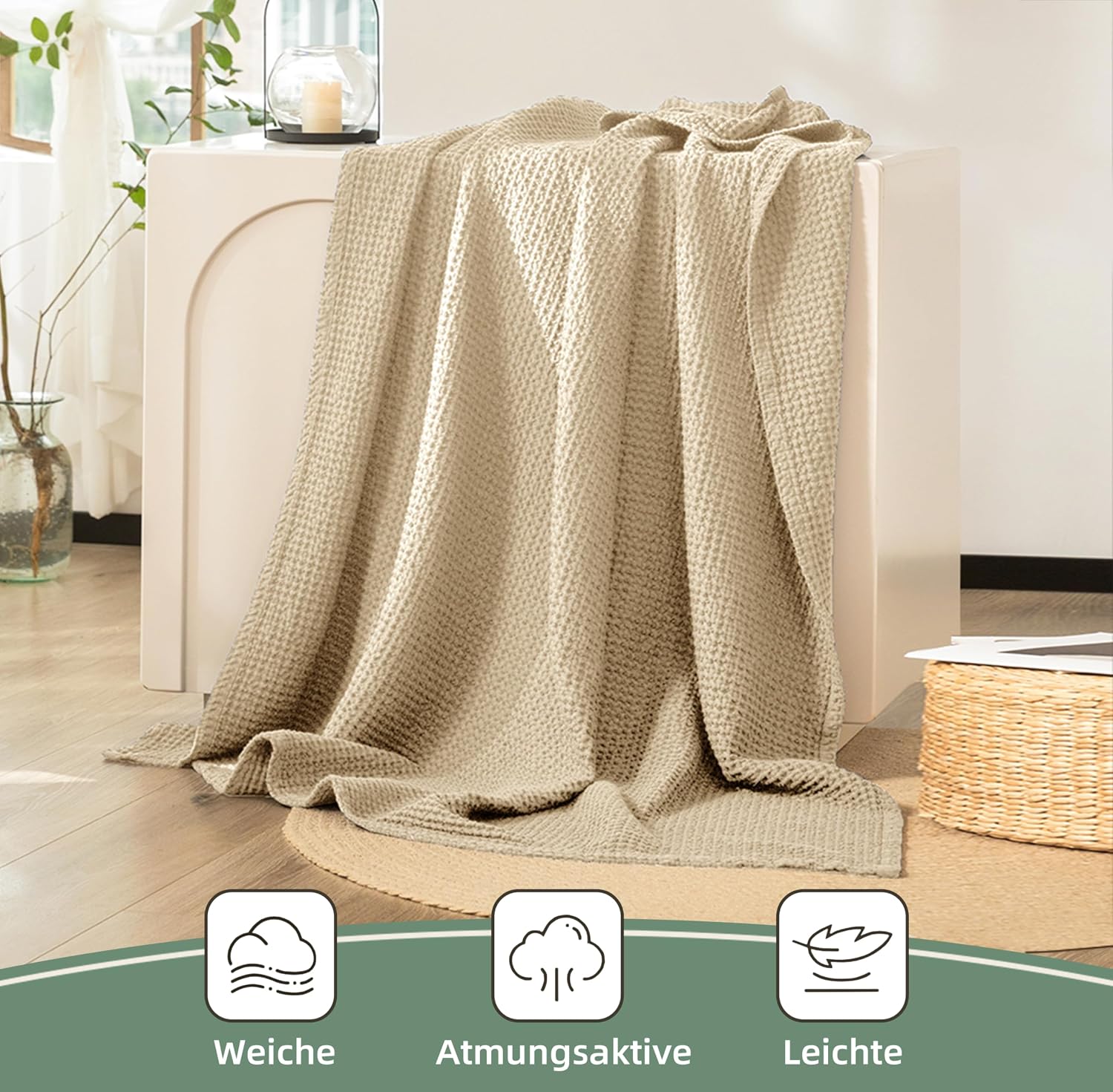Detalle 2 de CHUFFED Decke aus 100% Baumwolle 150 x 200 cm – weiche Tagesdecke mit Waffelmuster