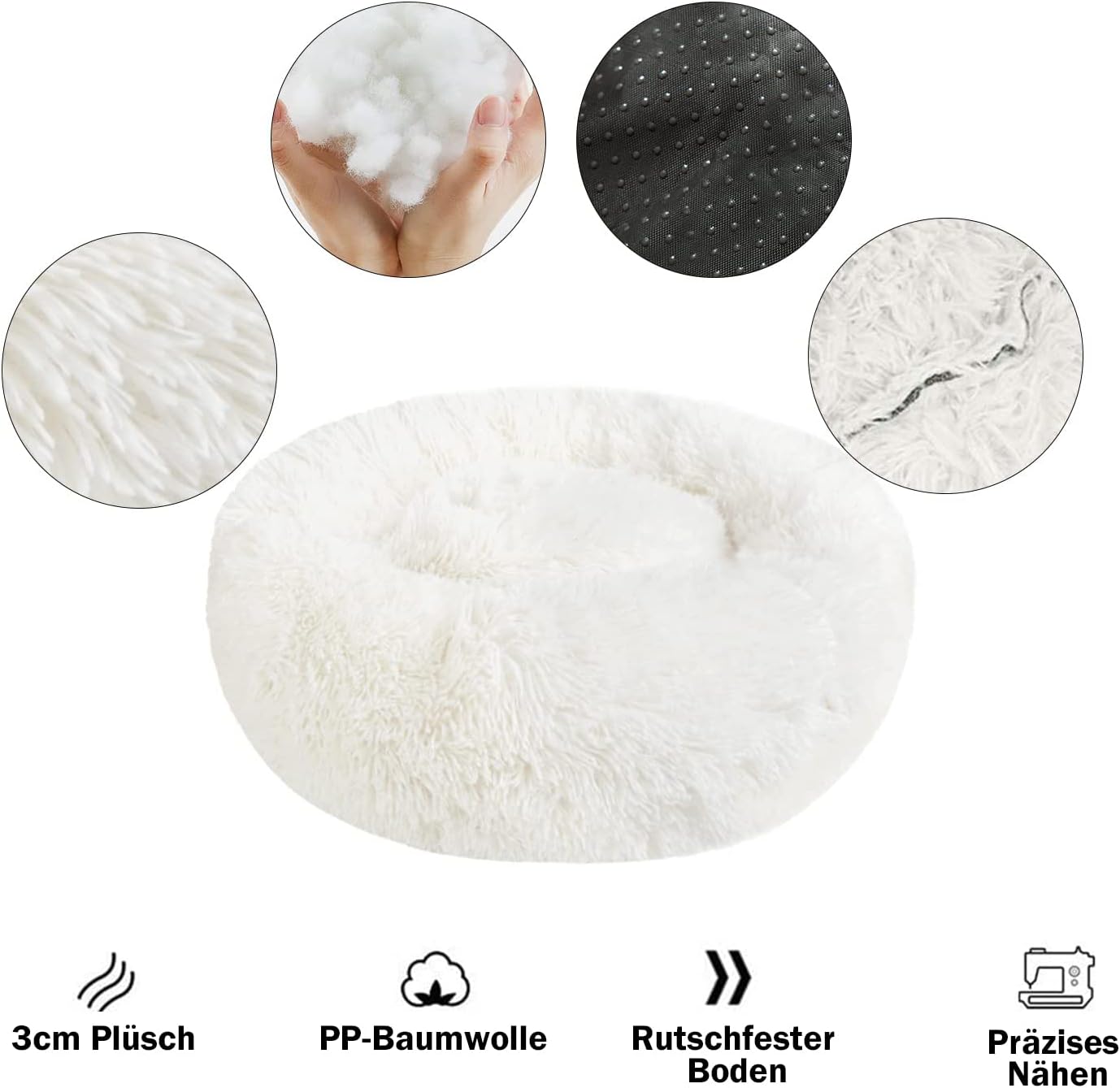 Detalle de Nepfaivy Hundebett/Katzenbett Flauschig Rund aus Plüsch – Donut, waschbar, in M (50 cm) Weiß