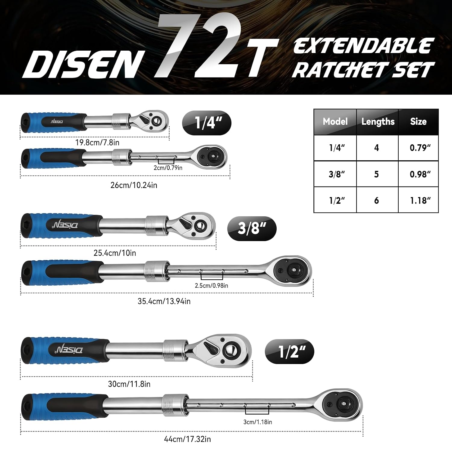 Detalle 2 de DISEN DISEN-3GDTJLBNew Extendable Ratchet Wrench Set, 72-Tooth, 3 Drive Sizes
