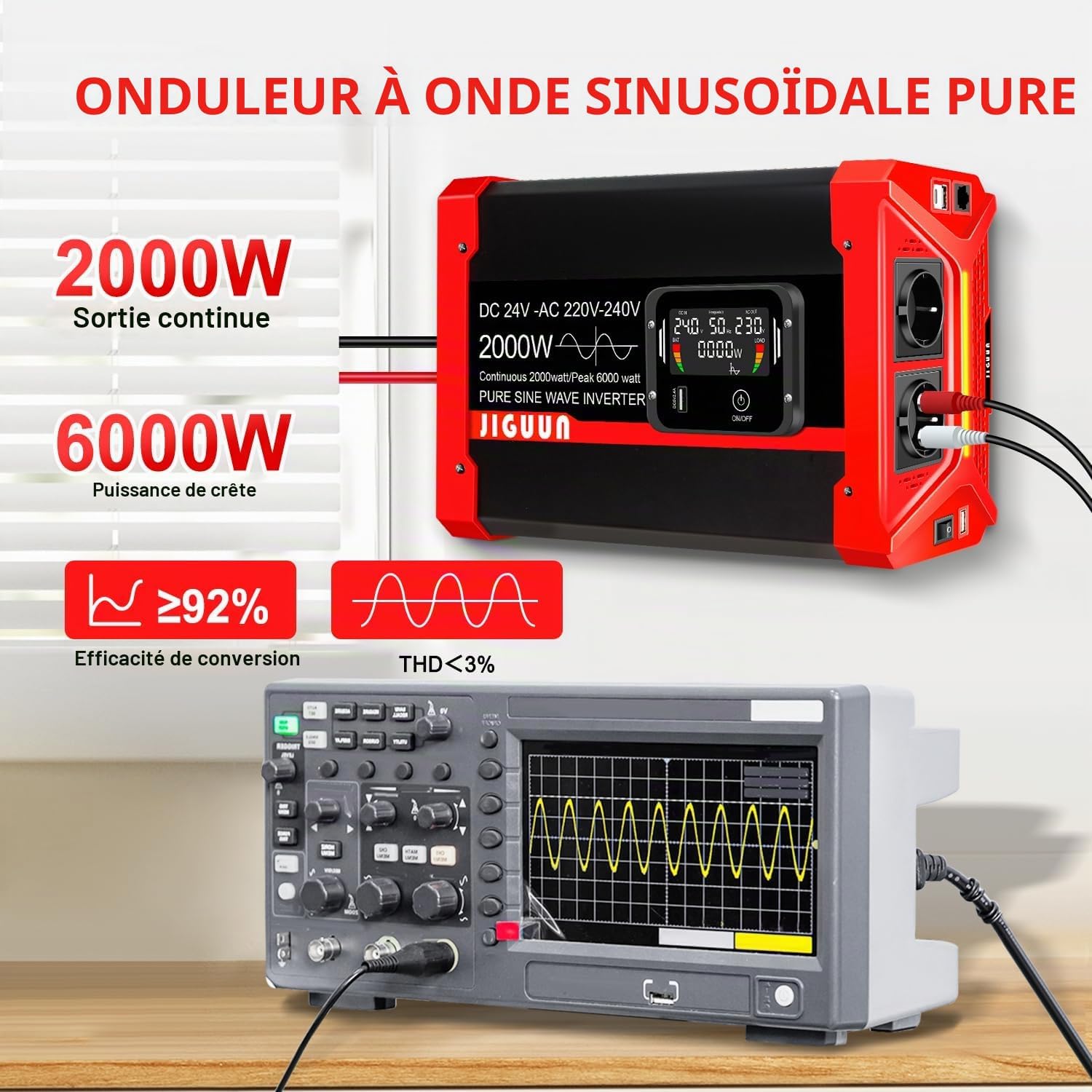 Detalle 2 de JIGUUN 2000W24V omvormer, 24 V naar 230 V, zuivere sinus en afneembaar LCD-display