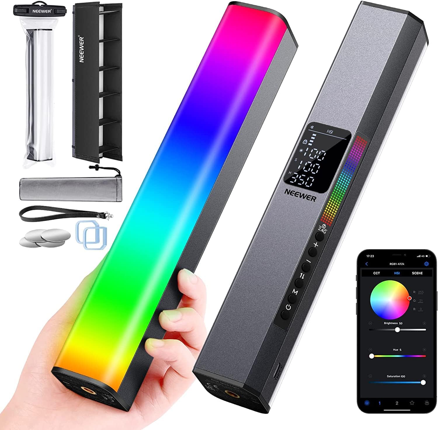 Detalle de NEEWER RGB LED Video Light Stick (RGB1) with Touch Bar, APP Control and Magnetic Mount