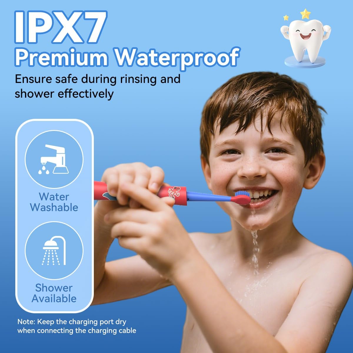 Detalle 2 de JTF Kids Electric Toothbrush (3–6–12) with 4 Brush Heads, 5 Modes, Timer & IPX7