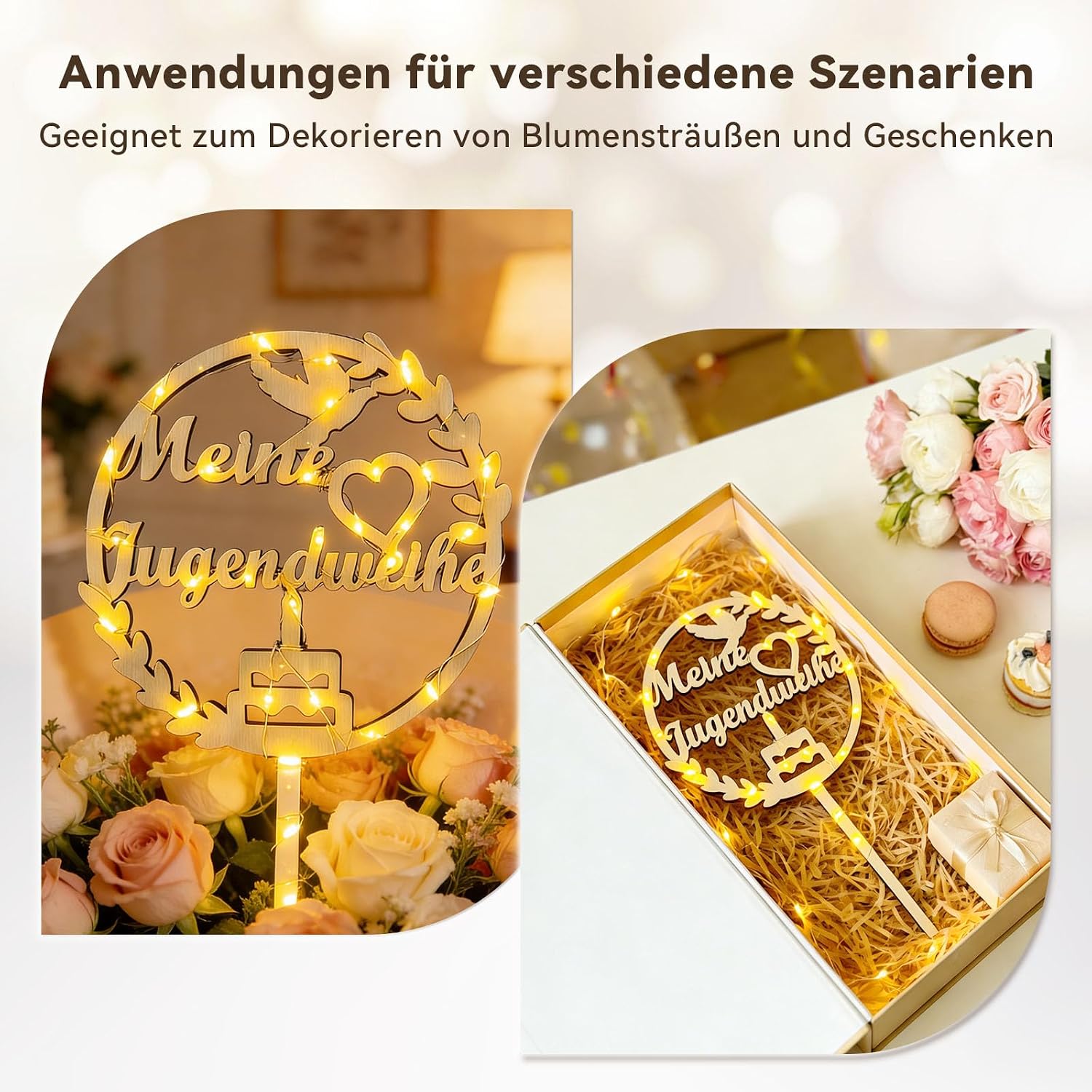 Detalle 2 de Seutgjie Jugendweihe Tortendeko mit Holzschild und LED-Lichterkette (27 x 13 cm)