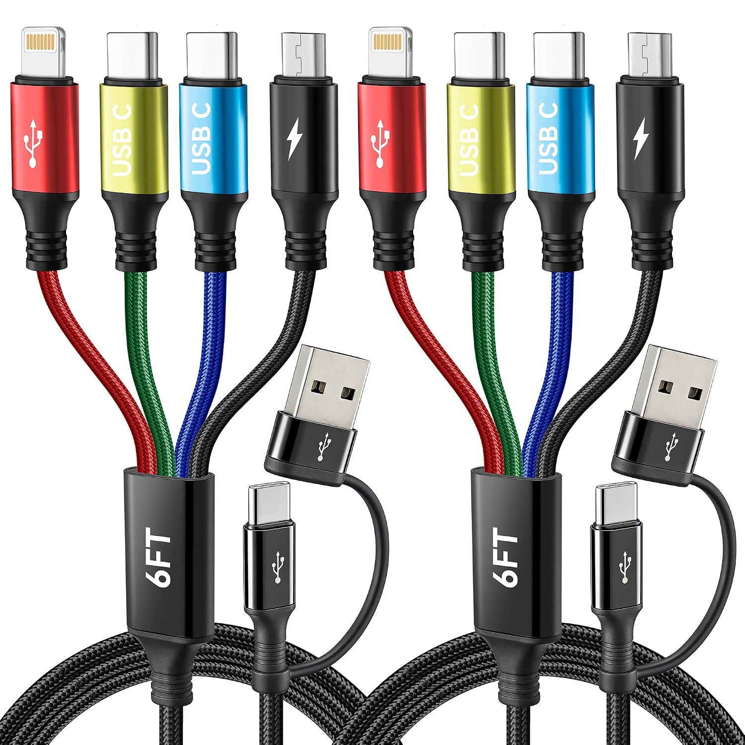 Detalle de Minlu 4 in 2 Multi Charger Cable: 1.8m USB-C/A to Dual USB-C+Lightning+Micro USB, nylon braided travel charger