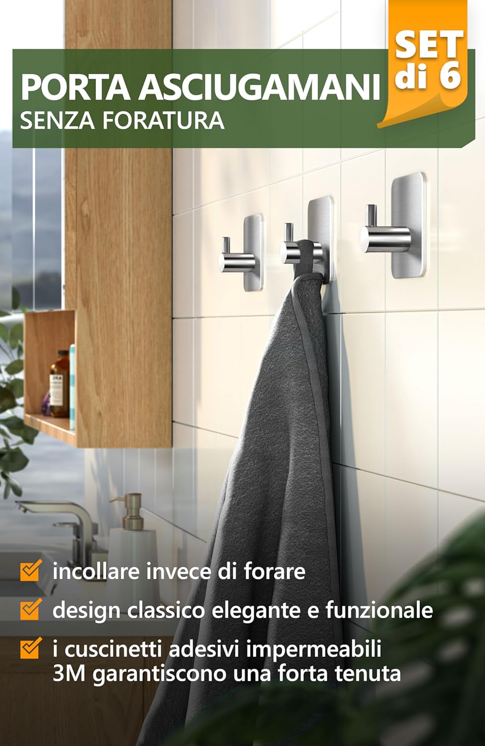 Thumbnail 1 de 4smile Ganci Adesivi per accappatoio e asciugamani, set da 6 in acciaio inox (argento)