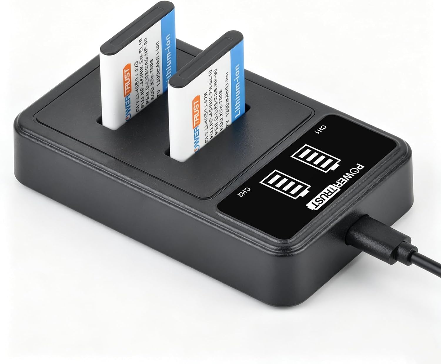Detalle de PowerTrust 2Pcs 1200mAh Li-42B Li-40B EN-EL10 Battery + LED Dual Charger with USB and Type-C for NP-45, NP-80, NP-82, KLIC-7006