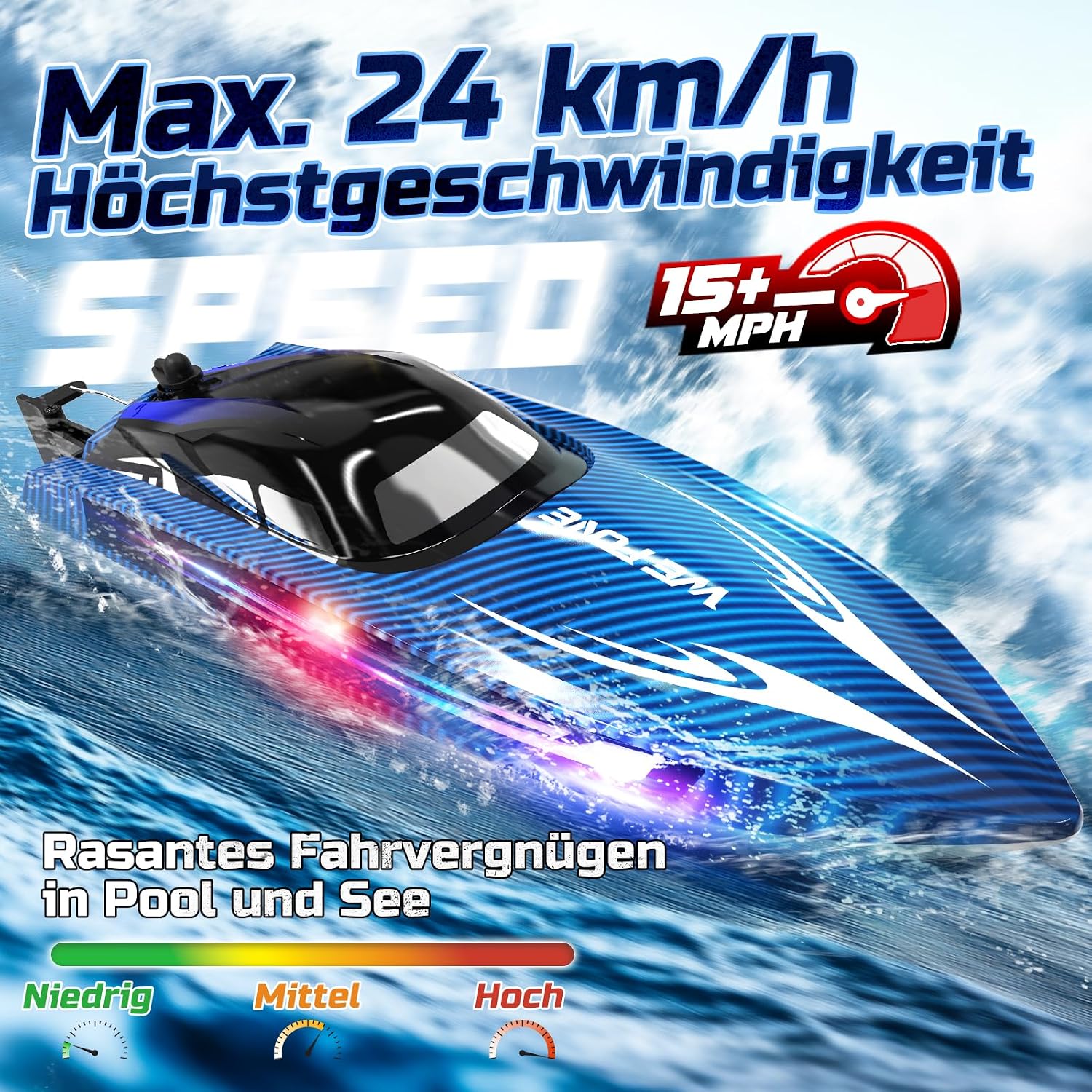 Thumbnail 1 de WeFone RC Boot für Kinder – 2,4 GHz Ferngesteuertes Boot mit LED-Lichtern, 24 km/h, 40 Minuten Spielzeit