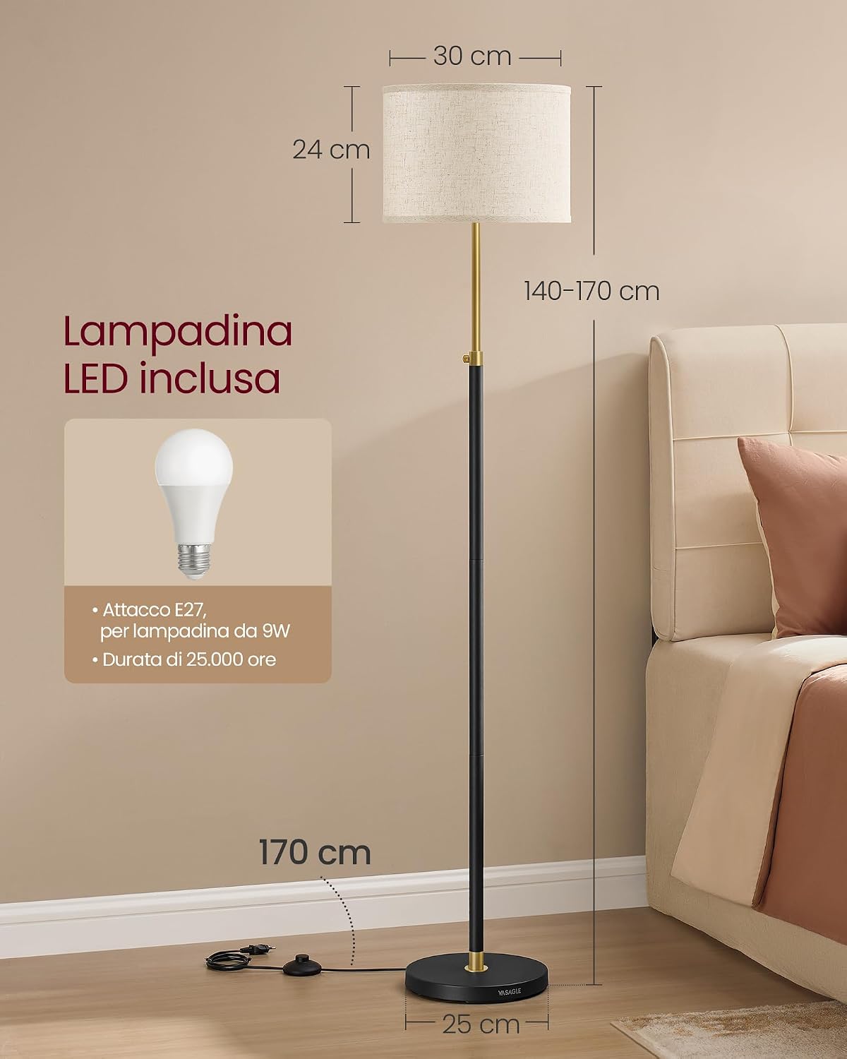 Thumbnail 4 de VASAGLE Lampada da Terra LFL002B02: lampada regolabile in altezza con paralume in tessuto e interruttore a pedale
