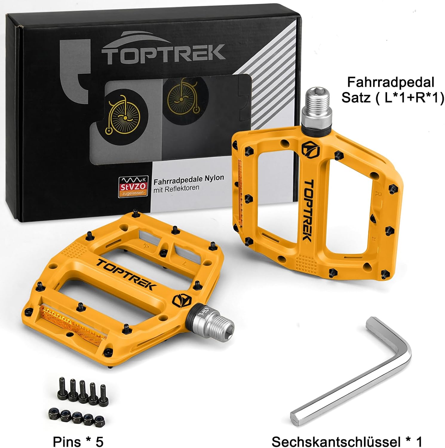 Thumbnail 6 de toptrek Fahrradpedale mit StVZO Reflektoren (Nylon-Composite Flatpedale) – 9/16 Zoll, 3-Lager-Set mit rutschfesten Pins