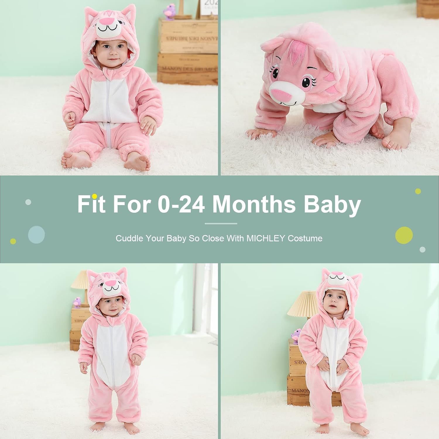 Detalle de MICHLEY AP13-Cat-100 Baby Cat Romper, Soft Flannel with Double Zipper