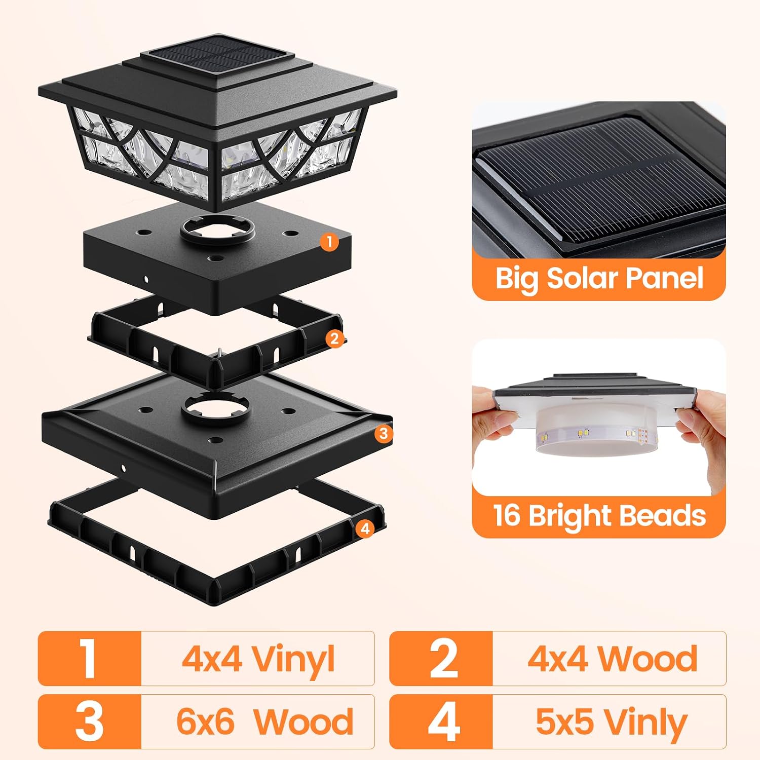 Detalle de APONUO TZ27 Solar Post Cap Lights, 12-Pack, 3000K/6000K, IP65, Black