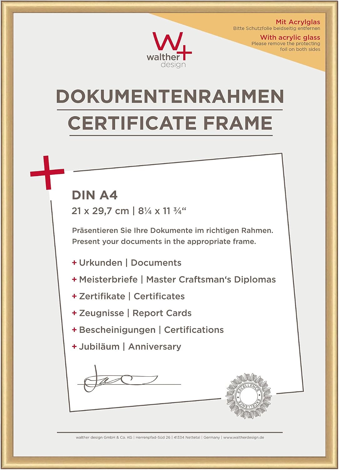 Detalle de Walther Design Cadre photo doré DIN A4 21 x 29,7 cm avec verre acrylique incassable – New Lifestyle KVX130G5 (5 pack)