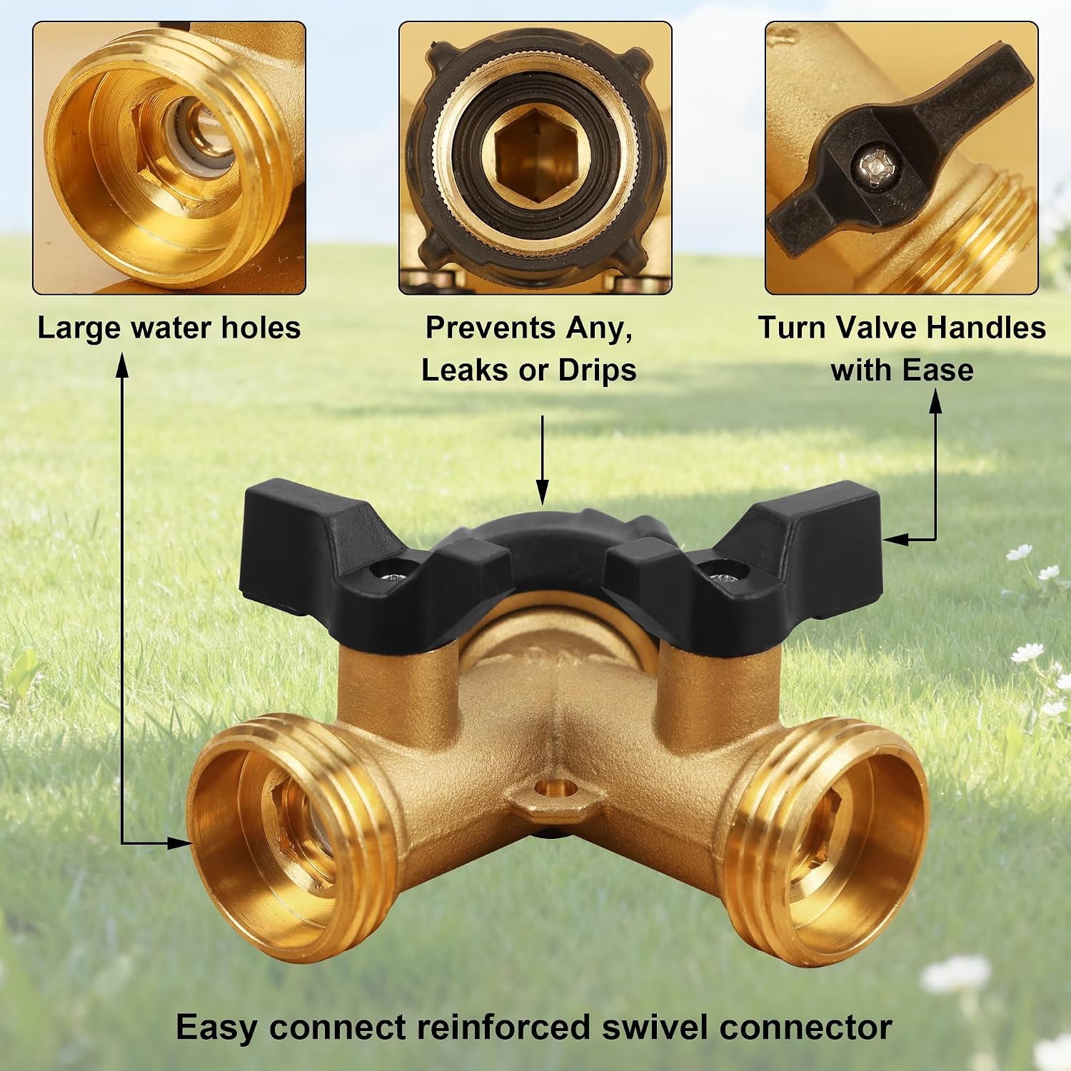 Thumbnail 1 de Biswing Garden Hose Splitter 2 Way — Heavy Duty Brass Connector with 2 Valves