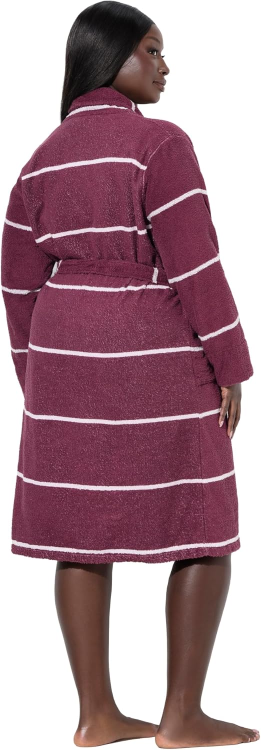 Detalle 2 de Ulla Popken Peignoir grandes tailles en tissu éponge rayé – col châle, manches longues et ceinture à nouer