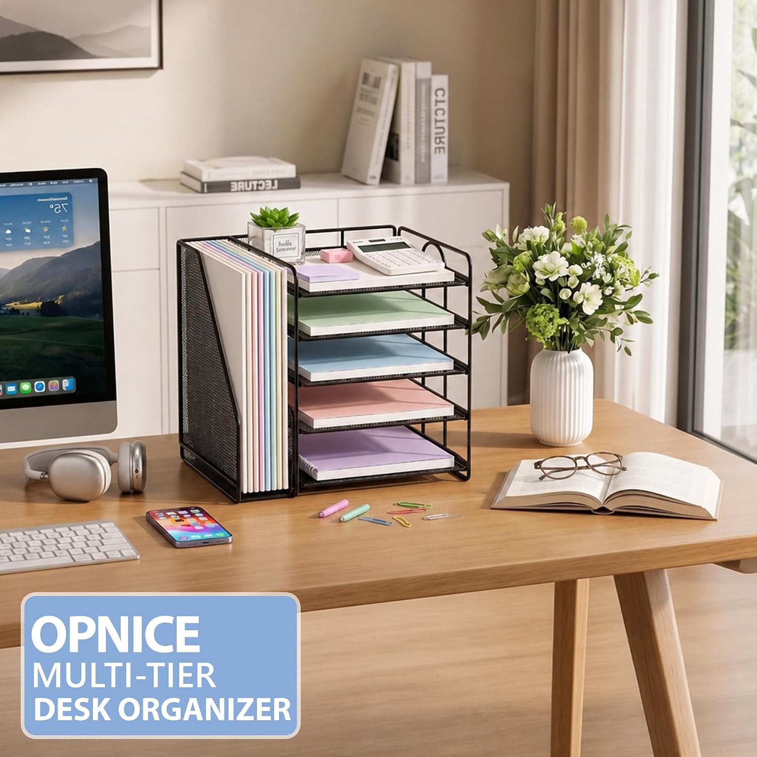 Detalle de OPNICE Desk Organizer, 5-Tier Metal Paper Tray, Black, 40 lb Capacity