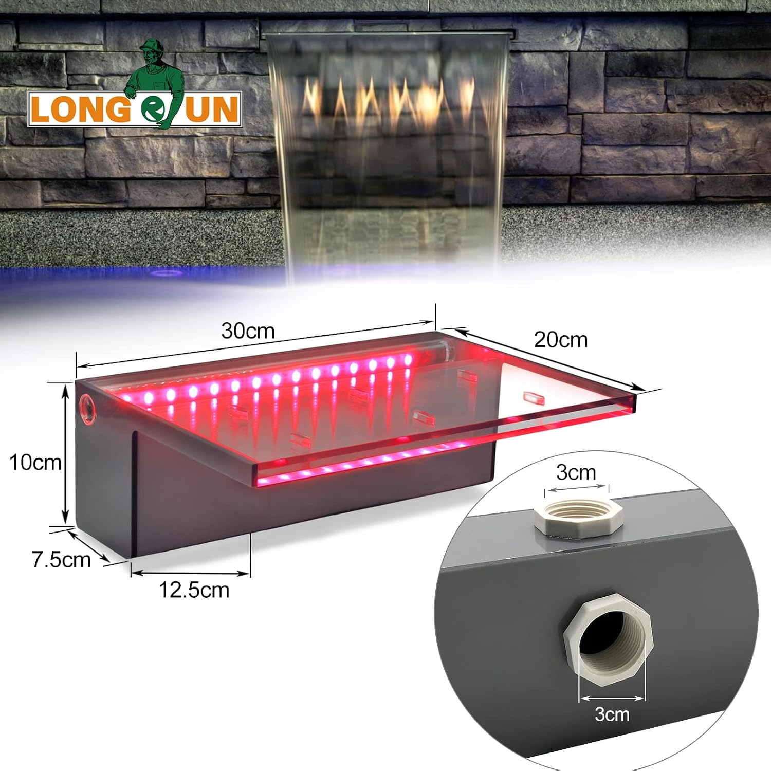 Thumbnail 2 de LONGRUN Pool Wasserfall Bachlaufsets für den Garten – Acryl-Wasserfontäne mit Farbwechsel-LED (für 30 cm)