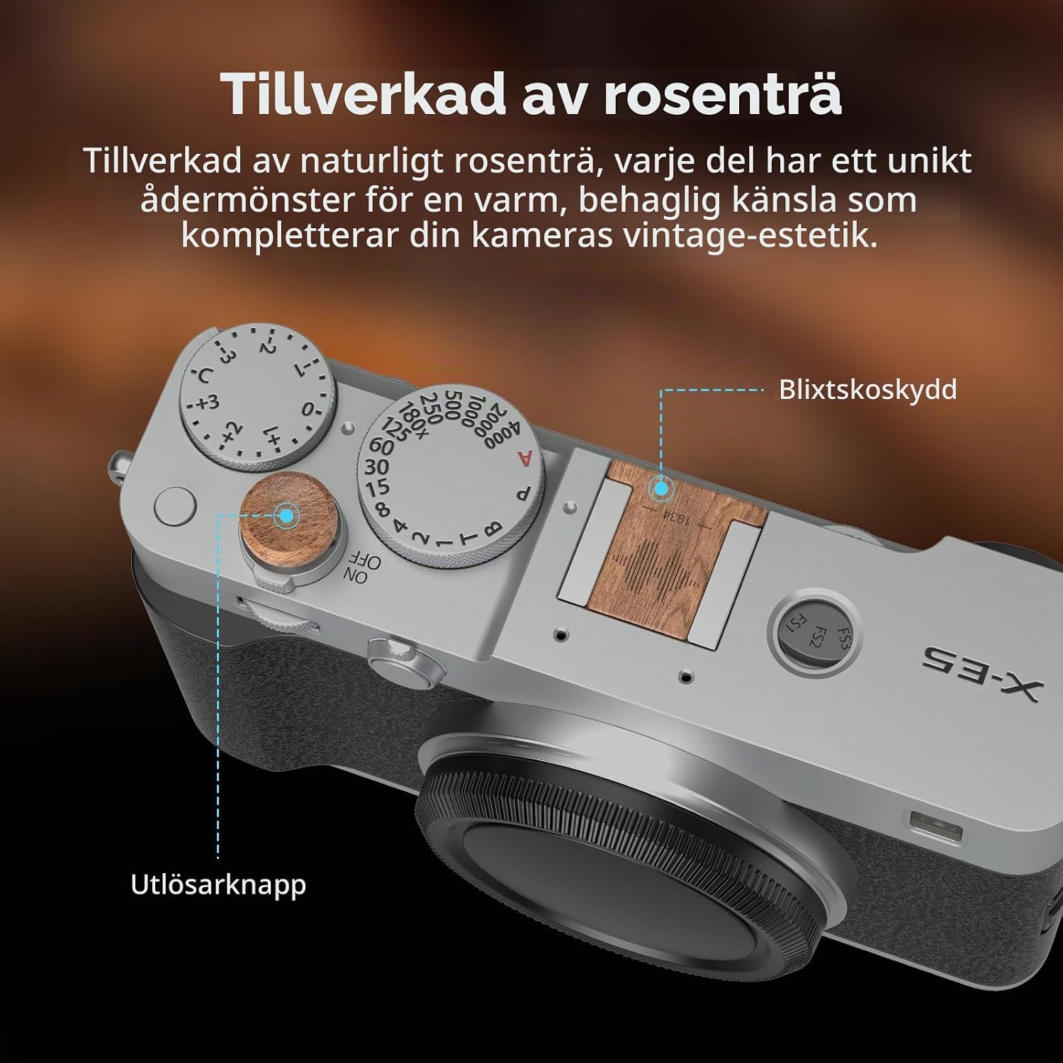 Detalle de SMALLRIG 6238 blixtskoskydd med avtryckarknapp i rosenträ