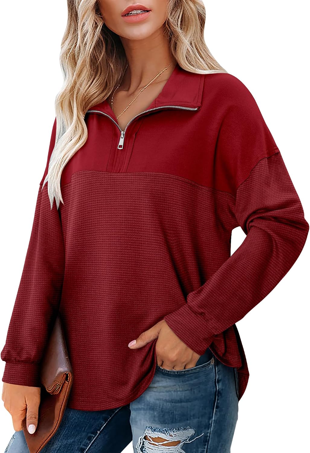 Detalle 2 de CHICZONE Women’s Oversized Quarter-Zip Sweatshirt – soft fleece pullover for everyday wear