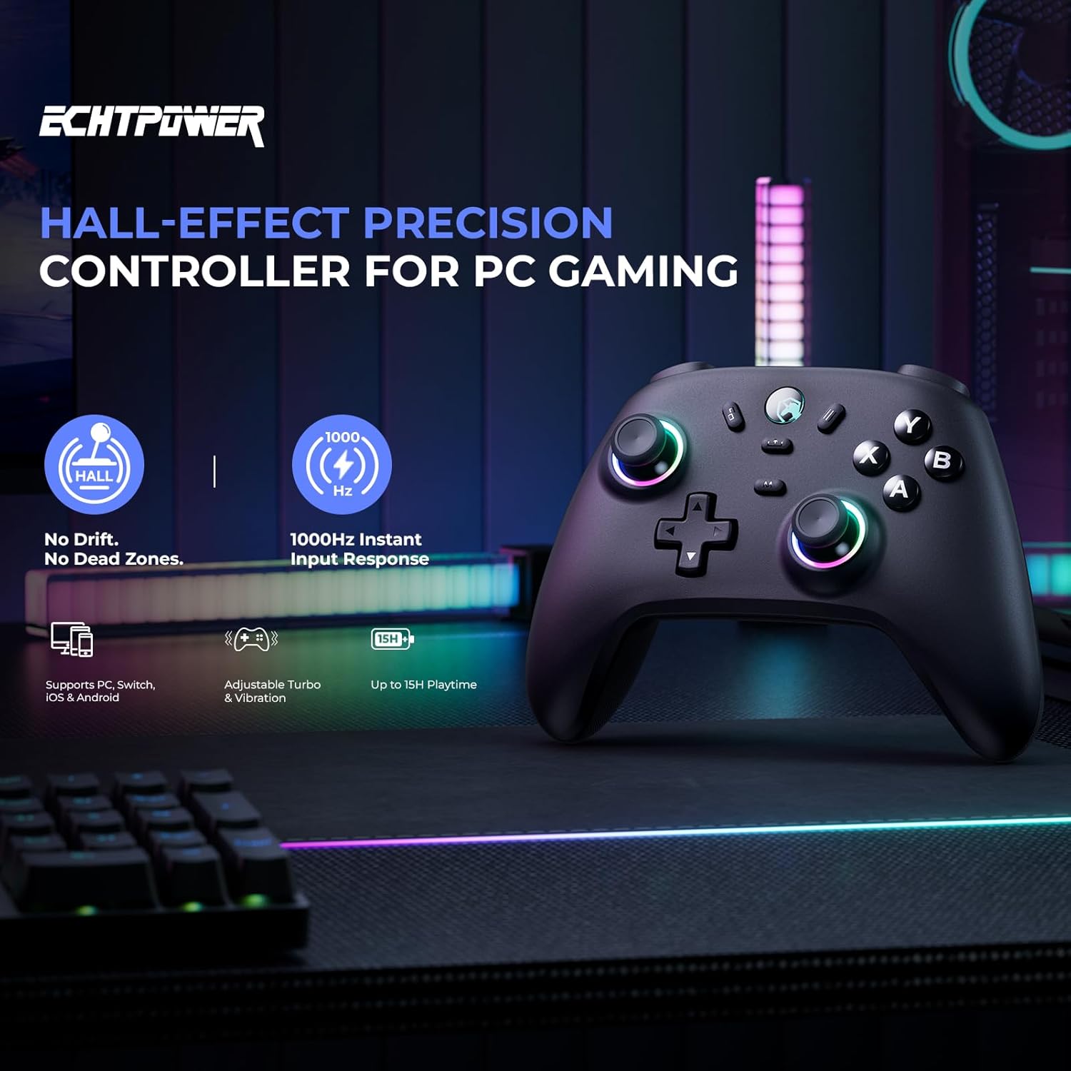 Detalle 2 de ECHTPower Wireless PC Gaming Controller with Hall Effect Joystick