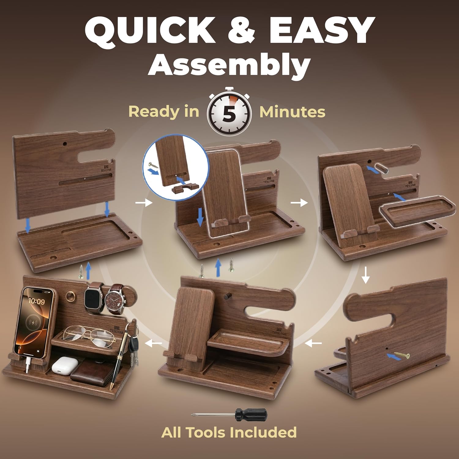 Thumbnail 5 de Teslyar Gifts for Men Solid Ash Wood Phone Docking Station with Key Holder, Wallet & Watch Stand (Light Brown)
