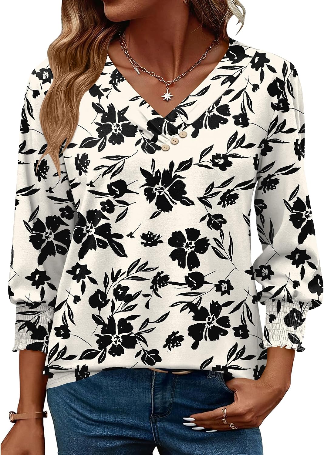 Detalle 2 de Rapbin Bluse Damen mit 3/4-Arm und V-Ausschnitt – elegante Tunika für Sommer & Alltag