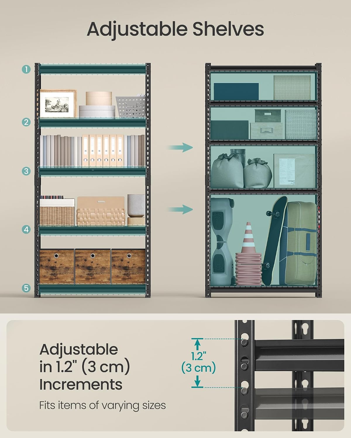 Detalle de SONGMICS COZORY GLR450B11 5-Tier Steel Shelving Unit with Adjustable MDF Shelves