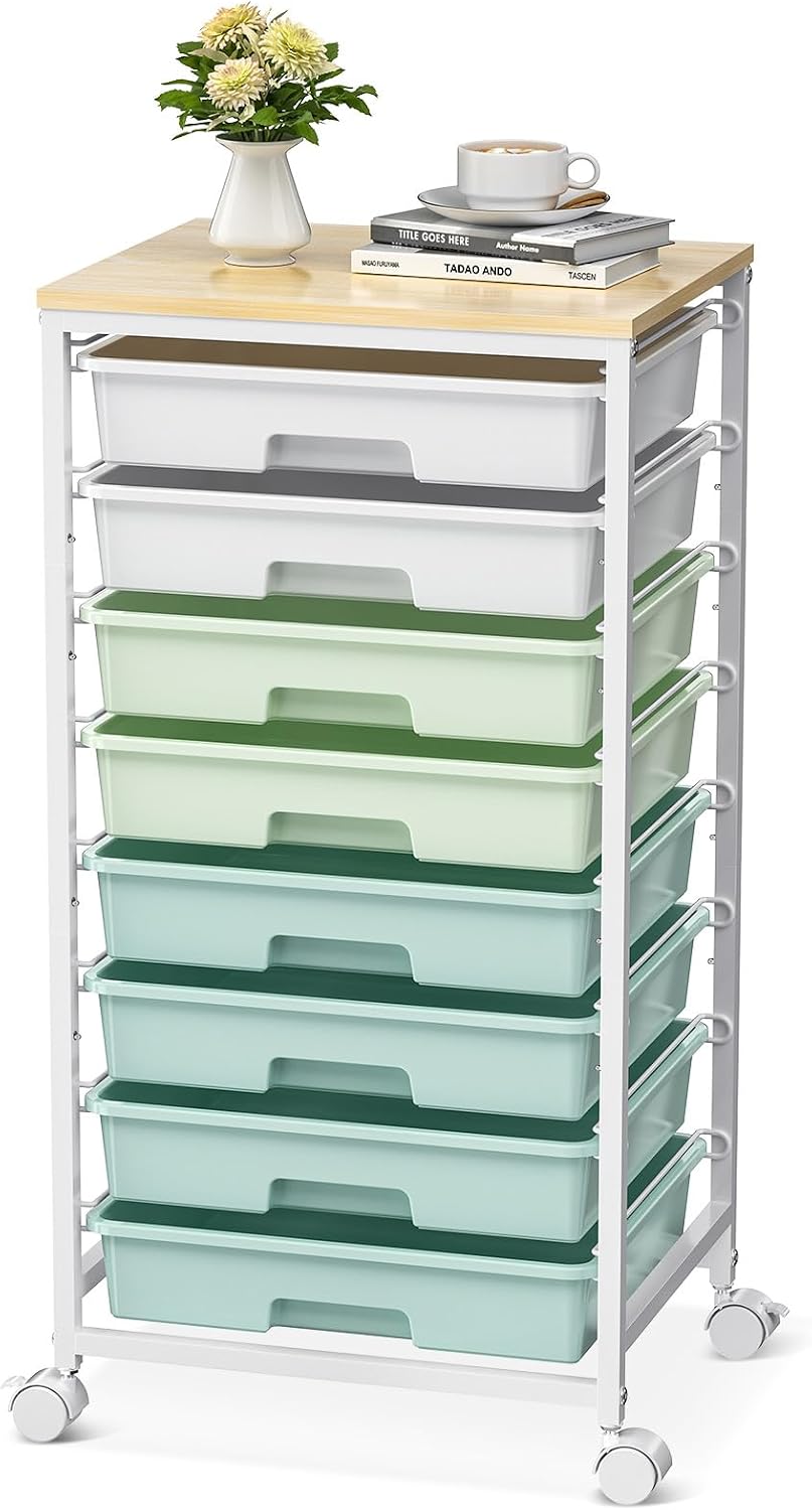Detalle de SYKIARIOL 924-GN Utility Cart with 8 Drawers, Light Green, Wooden Top