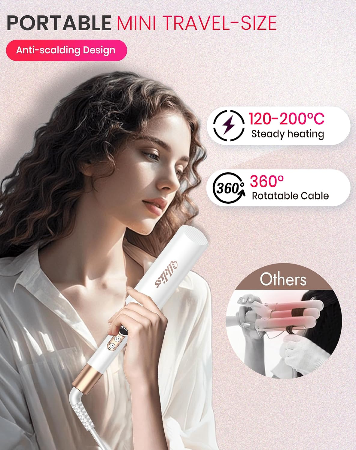 Detalle de UKLISS Welleneisen Pro Mini Mermaid Hair Waver mit LCD-Anzeige (120–210 °C) – Reisegröße