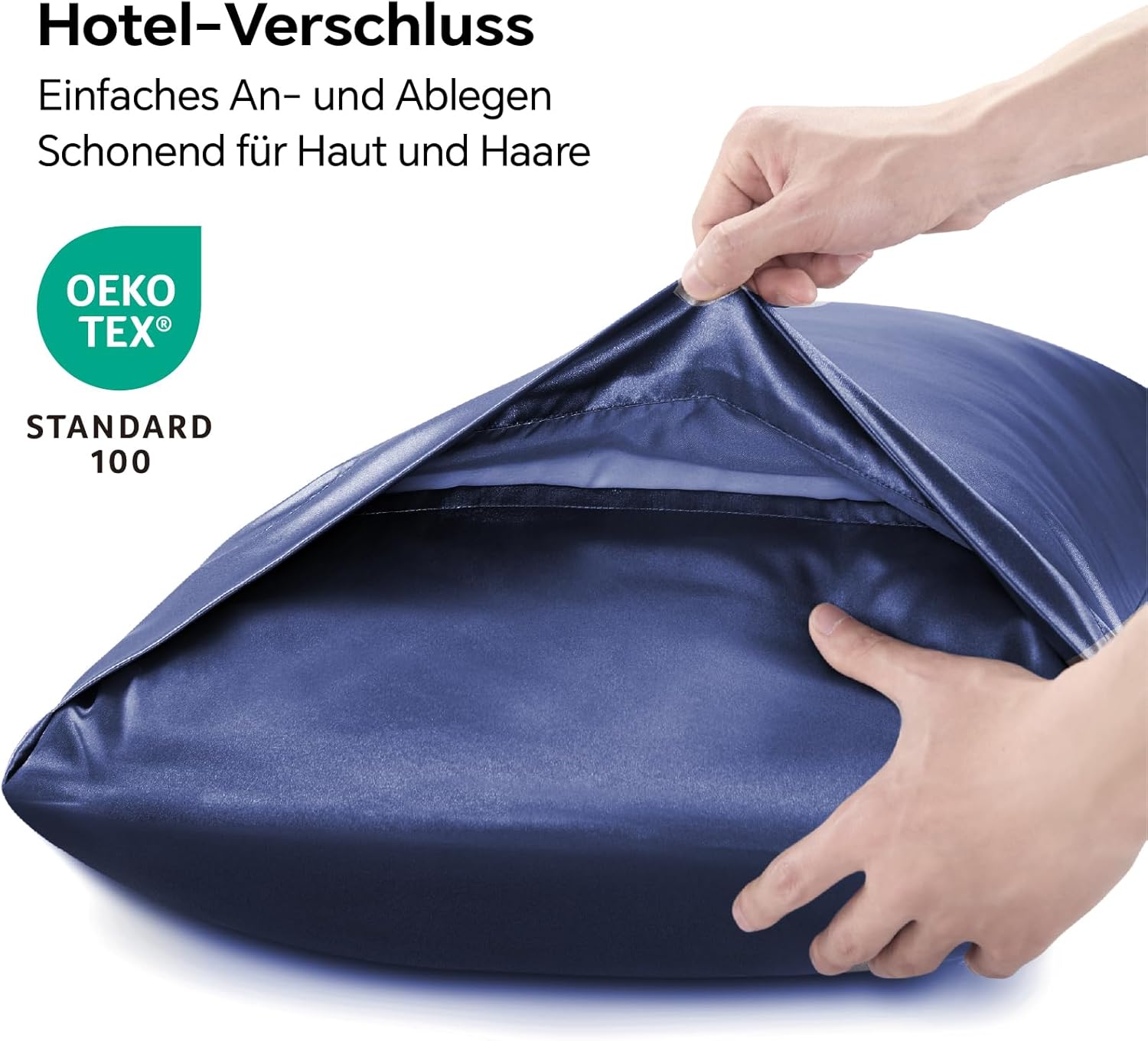 Thumbnail 1 de BEDELITE Satin-Kissenbezug 40 x 80 cm (2er Set) Dunkelblau – weich wie Seidenbezug, mit 2 Haargummis