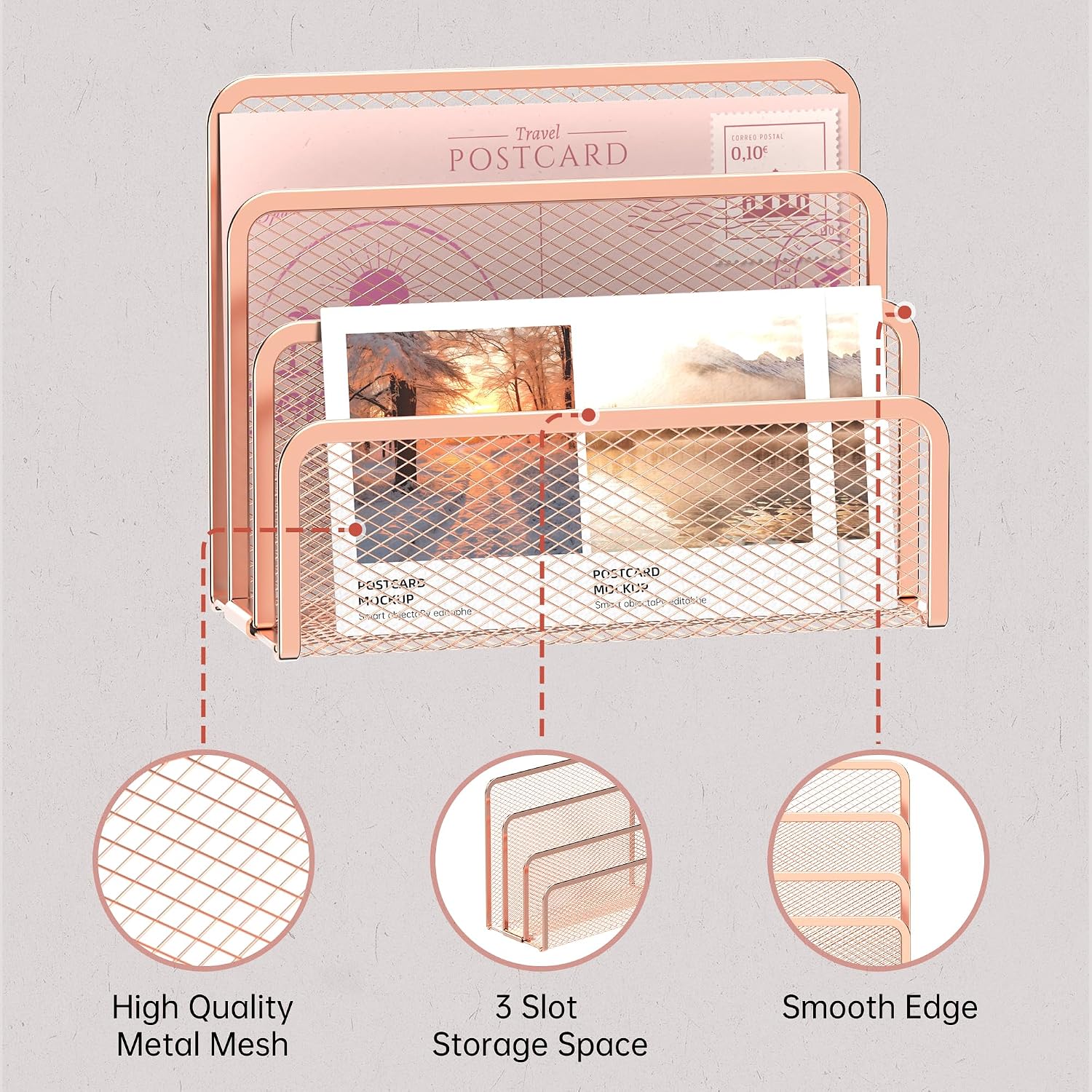 Detalle 1 de SUPEASY Rose Gold Metal Mesh Mail Organizer, 3-Slot Countertop Holder