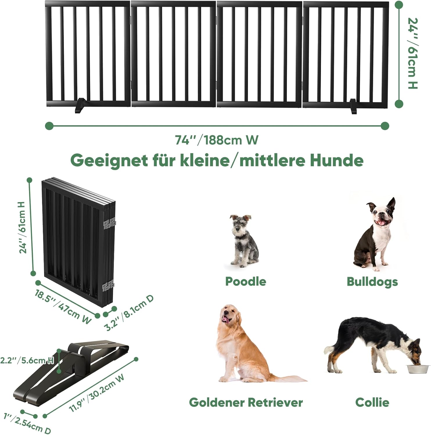 Detalle 2 de Hundegitter für Türen – Faltbares Innen-Gatter aus Massivholz, 4 Paneele, mit Metallstützfüßen (Schwarz)