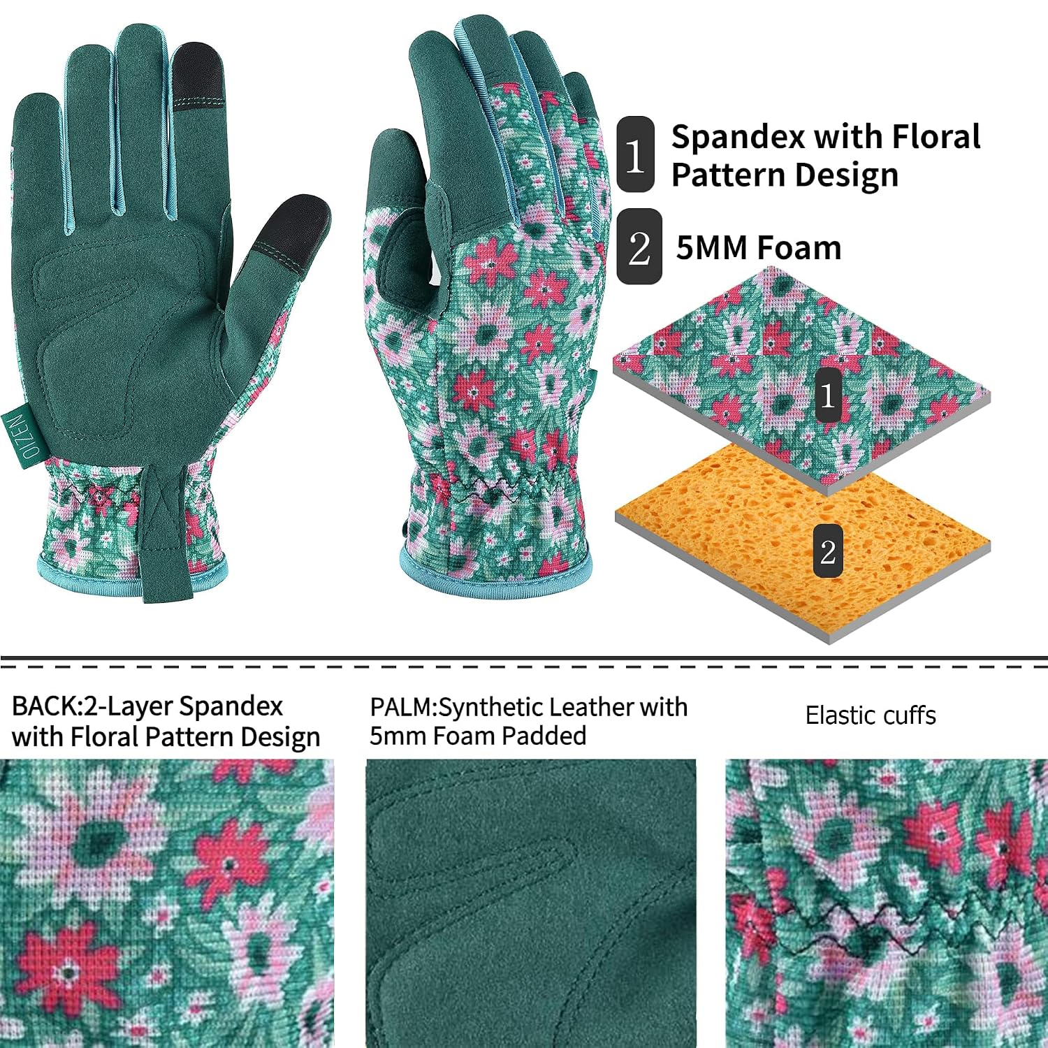 Detalle de OIZEN Gardening Gloves for Women and Men (Green Flowers) – Thorn Proof, Touch Screen Friendly, Size M