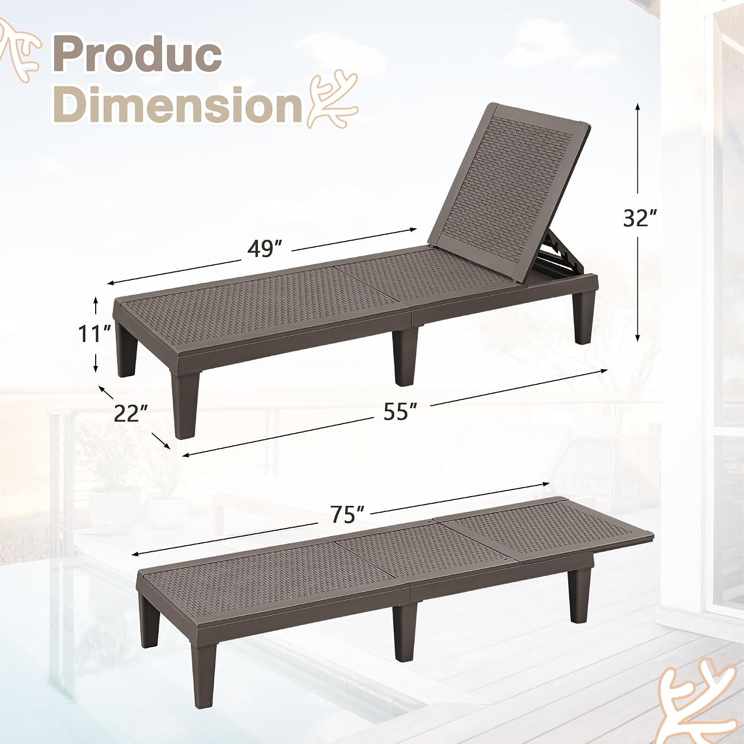 Detalle de Homall PCL0186 Outdoor Lounge Chairs, Set of 2, Adjustable Resin Chaise Lounges