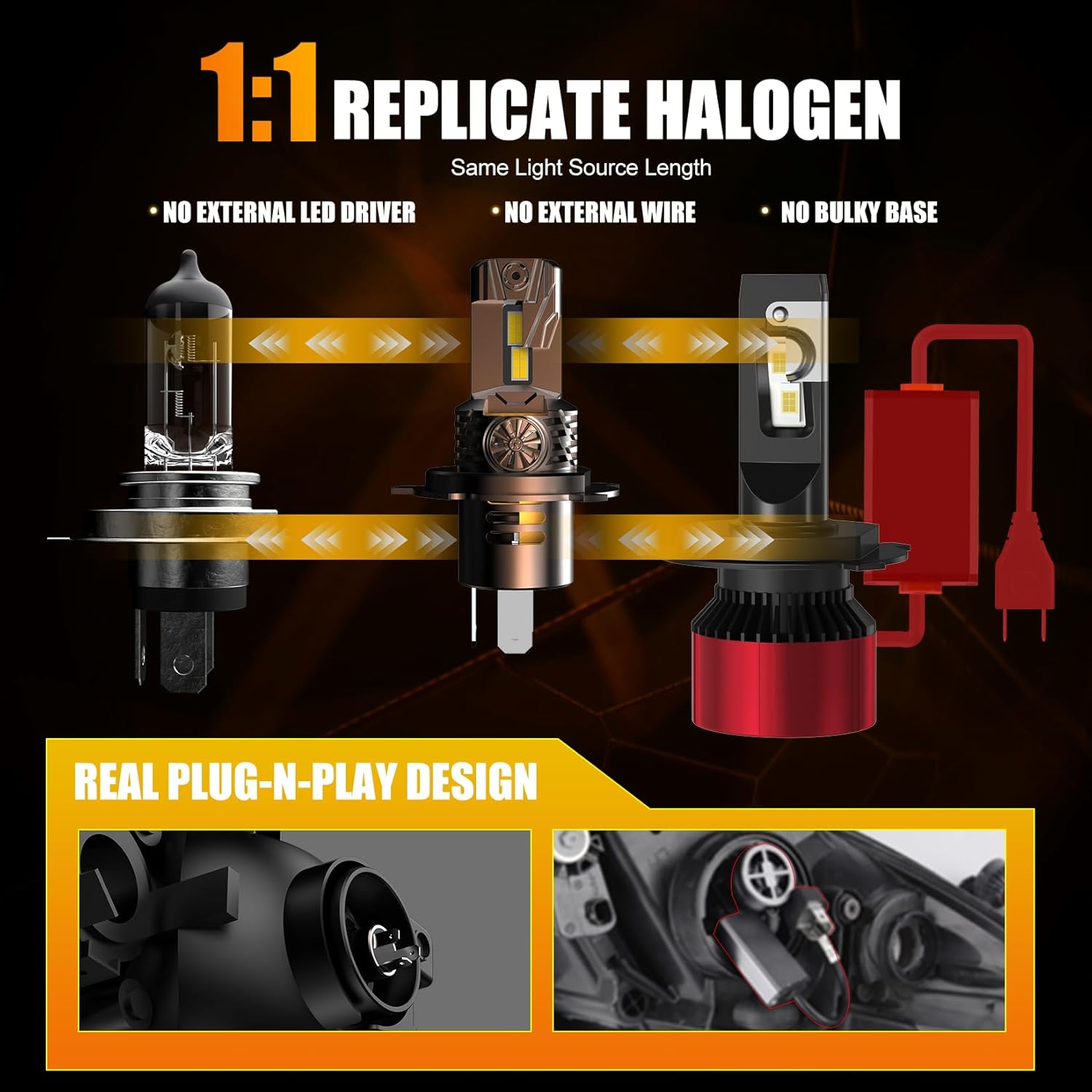 Thumbnail 2 de WAIXINGREN H4 LED Headlight Bulbs (100W, 32000LM, 6500K) – Fan Cooled, IP68, Plug & Play, Pack of 2