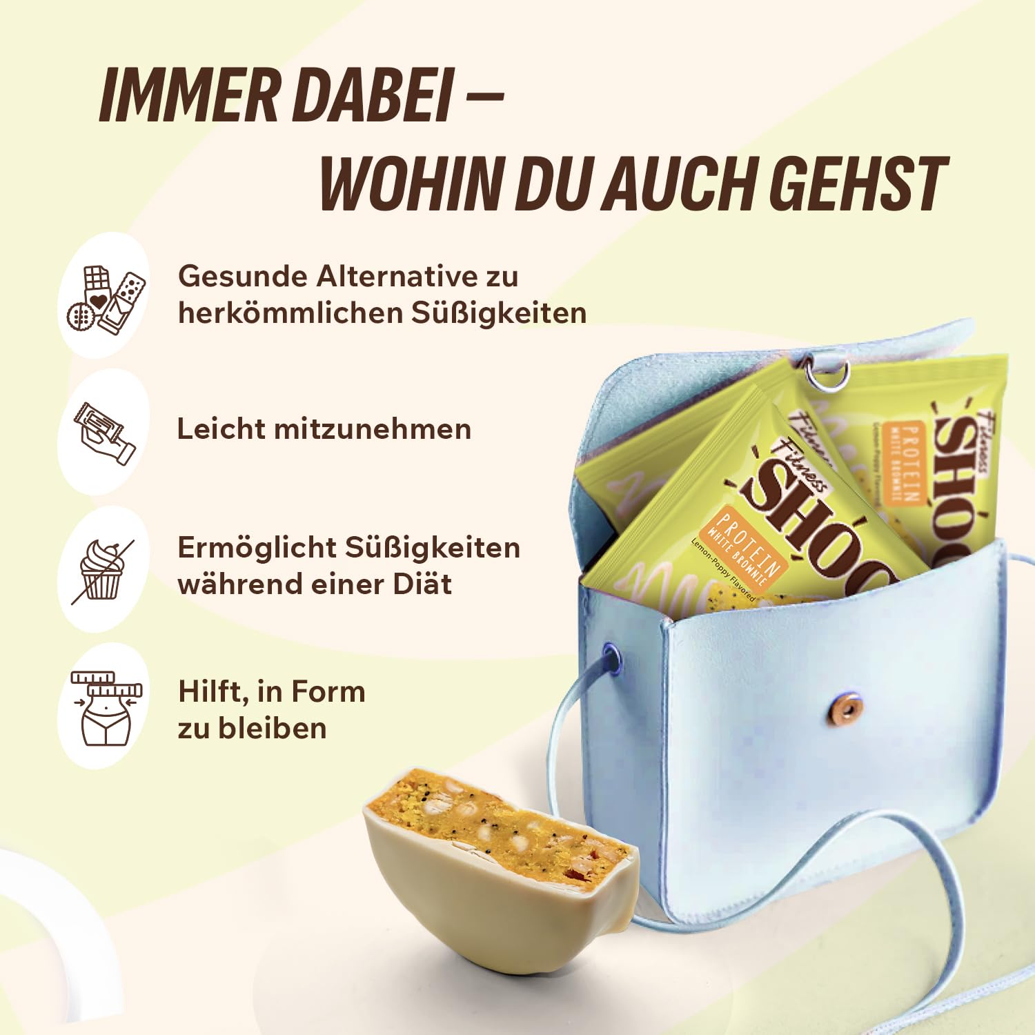 Detalle de FitnesSHOCK Protein Brownie Snack (Zitrone mit Mohnsamen) – low carb, ohne Zuckerzusatz, 15% Eiweiß