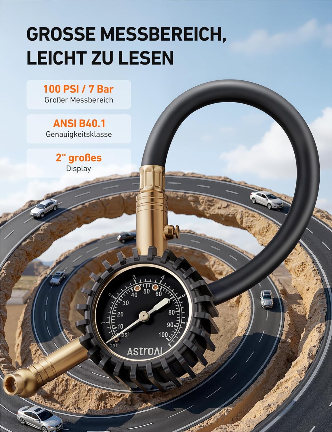 Detalle 2 de AstroAI Reifendruckprüfer (100 PSI, zertifiziert nach ANSI B40.1) mit großer Leuchtanzeige und 0–100 PSI Messbereich