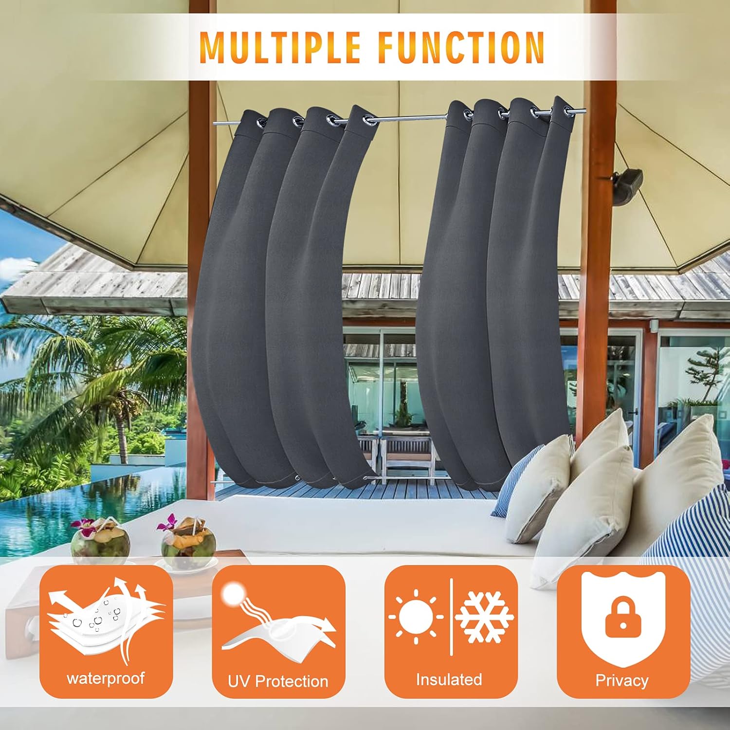Detalle de MINGPINHUIUS Outdoor Curtains Waterproof with Grommet (Top and Bottom) – 52'' x 84'' Grey, 1 Panel