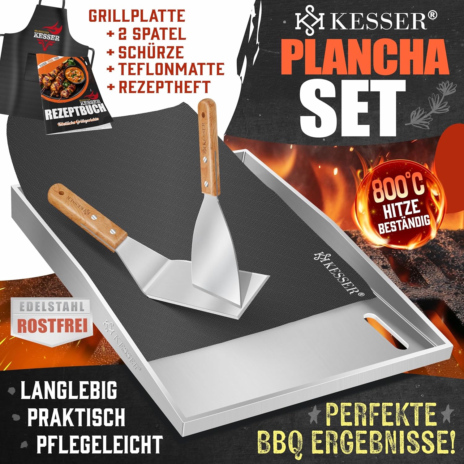 Thumbnail 1 de KESSER Plancha Grillplatte aus Edelstahl mit Deckel (40 x 30 cm) bis 800 °C, mit Fettablauf – inkl. 2 Spatel, Schürze, Grillmatte & Rezeptbuch